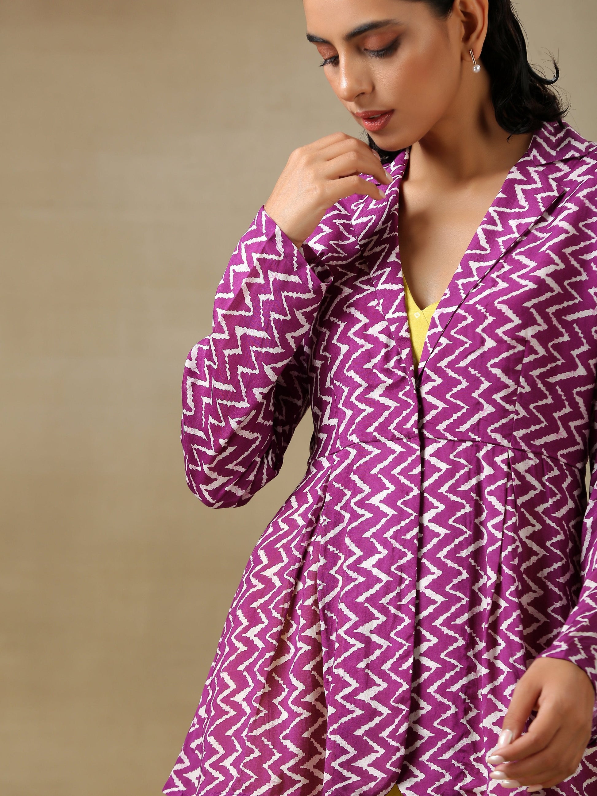 trueBrowns Lime Green Bandhani Printed Silk Top Pant with Purple Printed Jacket Set 