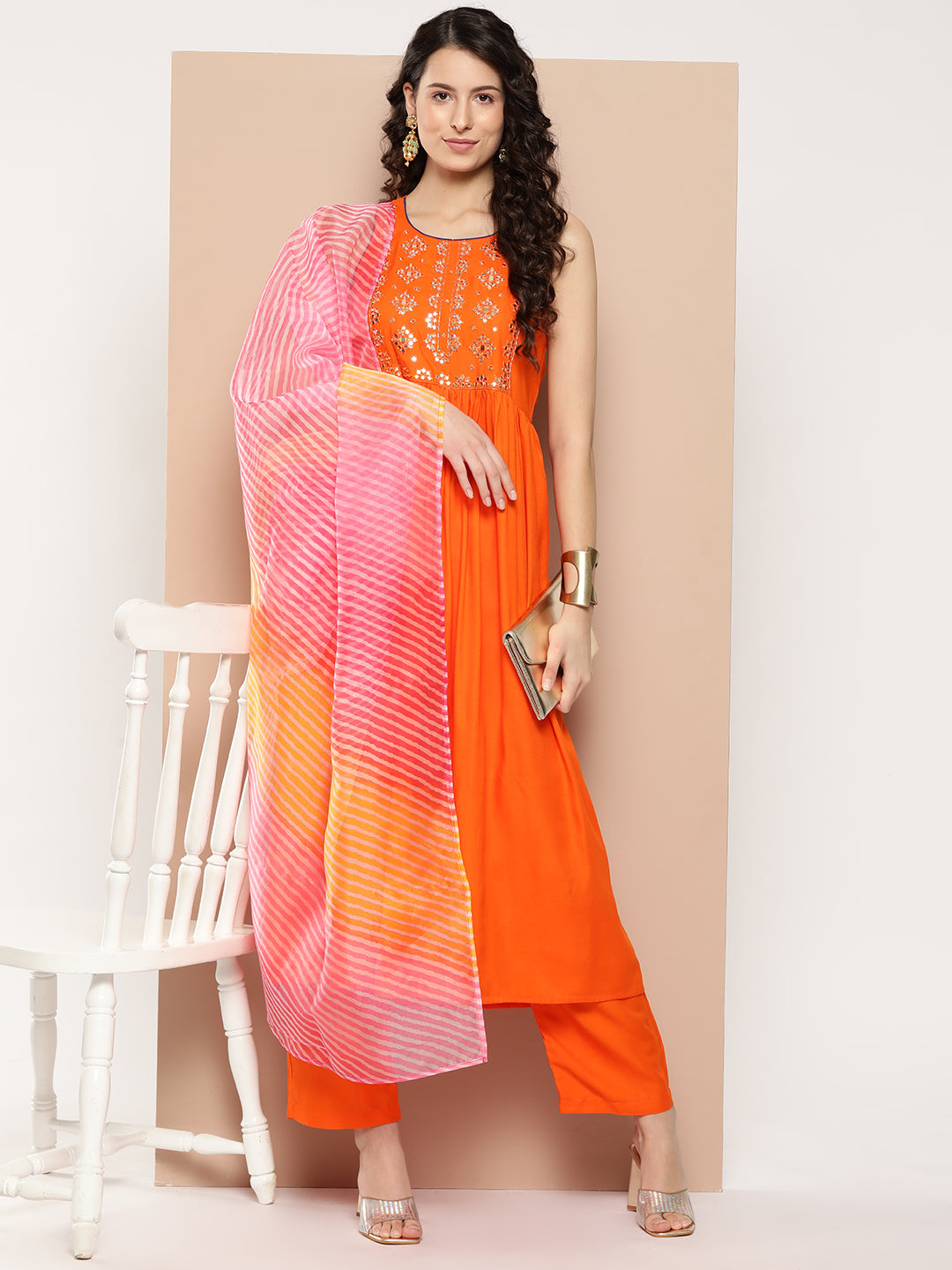 InWeave Women's Orange Mirror Work Aline Strappy Kurta Set W Pink Yellow Leh Dupatta 
