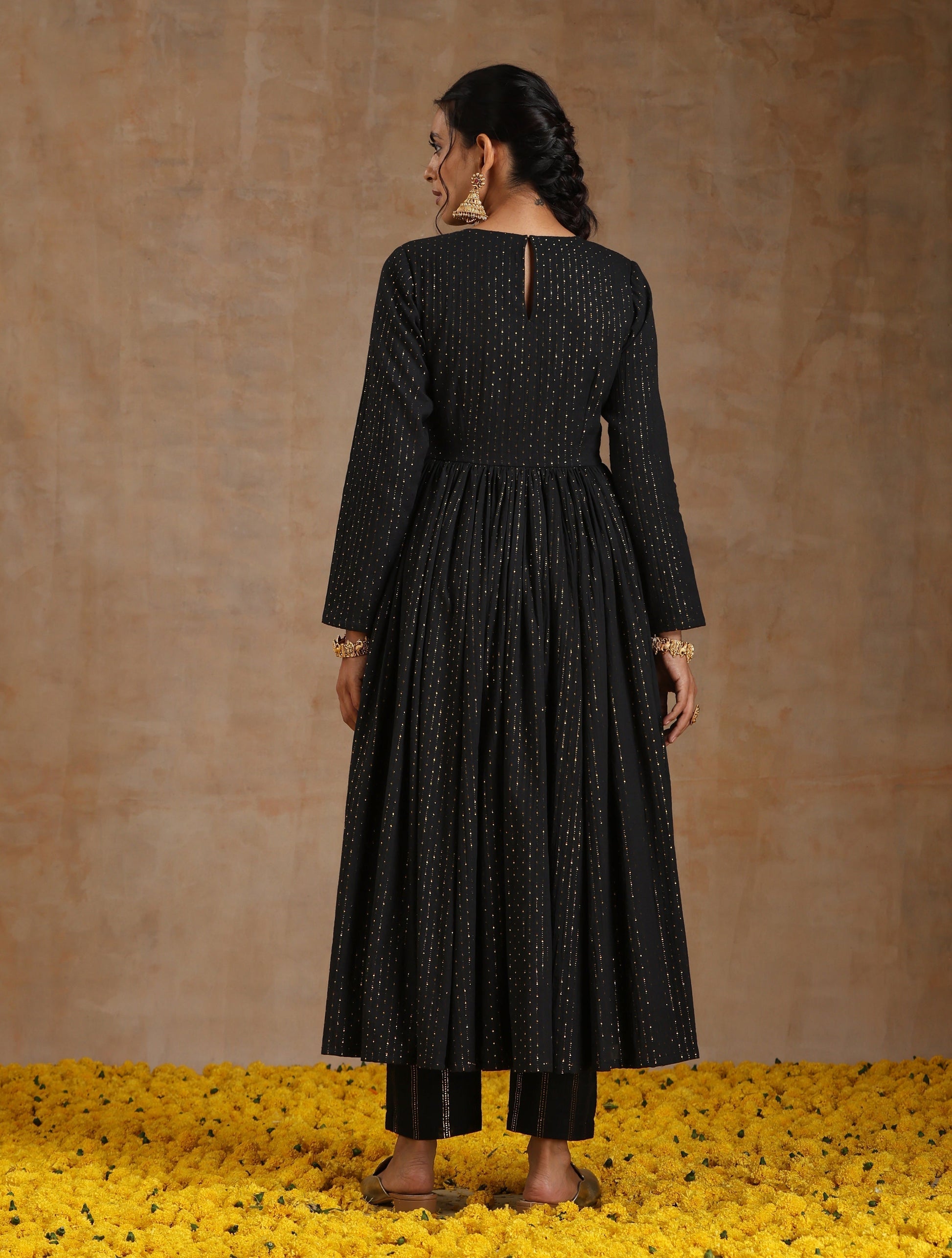 trueBrowns Black Gold Cotton Anarkali Set 