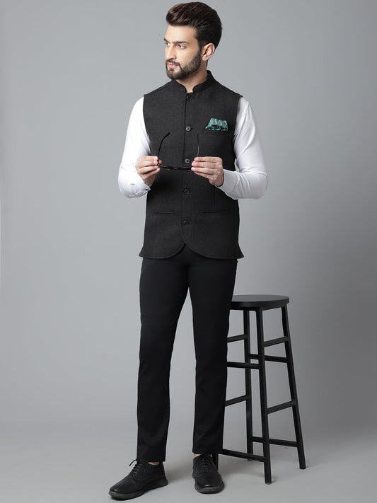 Even Apparels Men's Black Pure Wool Nehru Jacket 