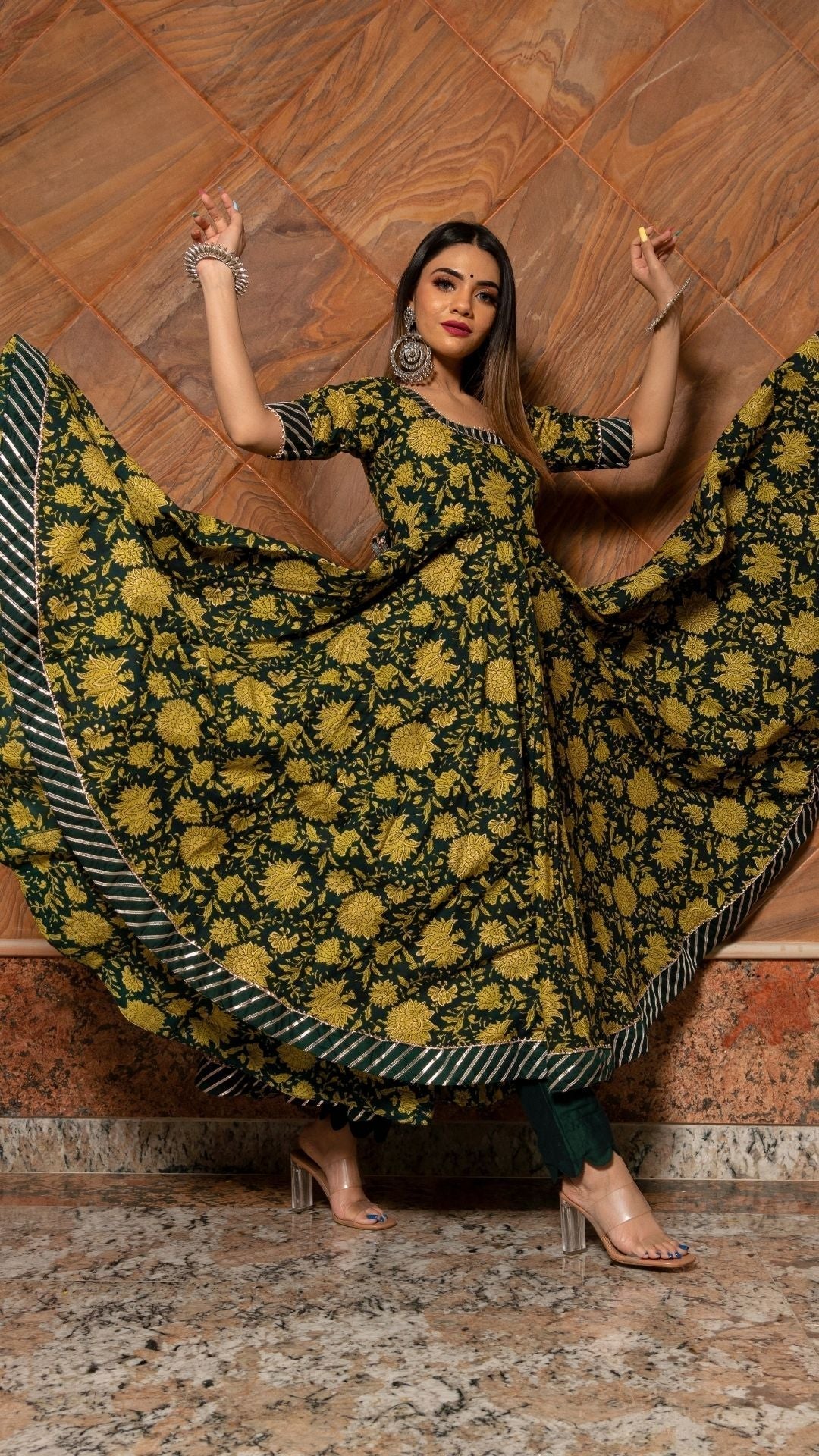 Pomcha Jaipur Idika Green Hand Block Anarkali Set 