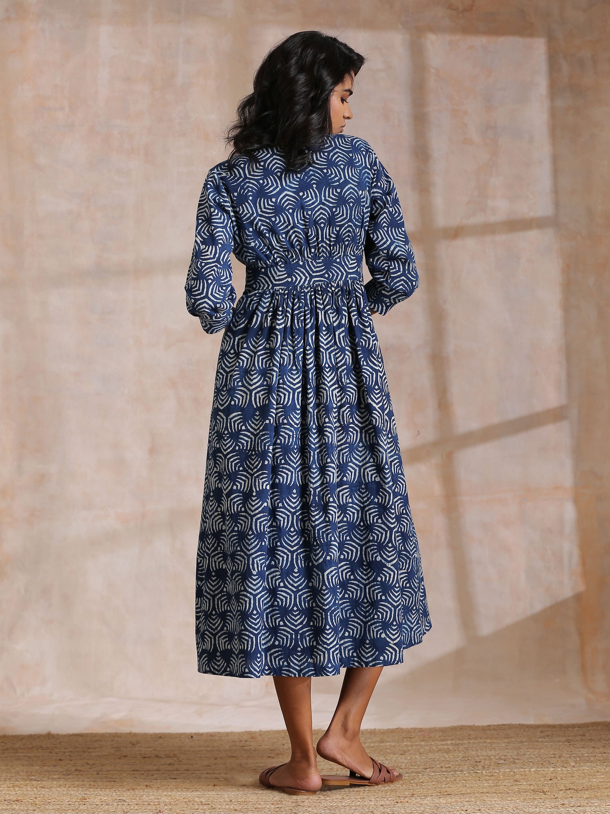 trueBrowns Indigo Dabu Overall Print Cotton Wrap Dress 