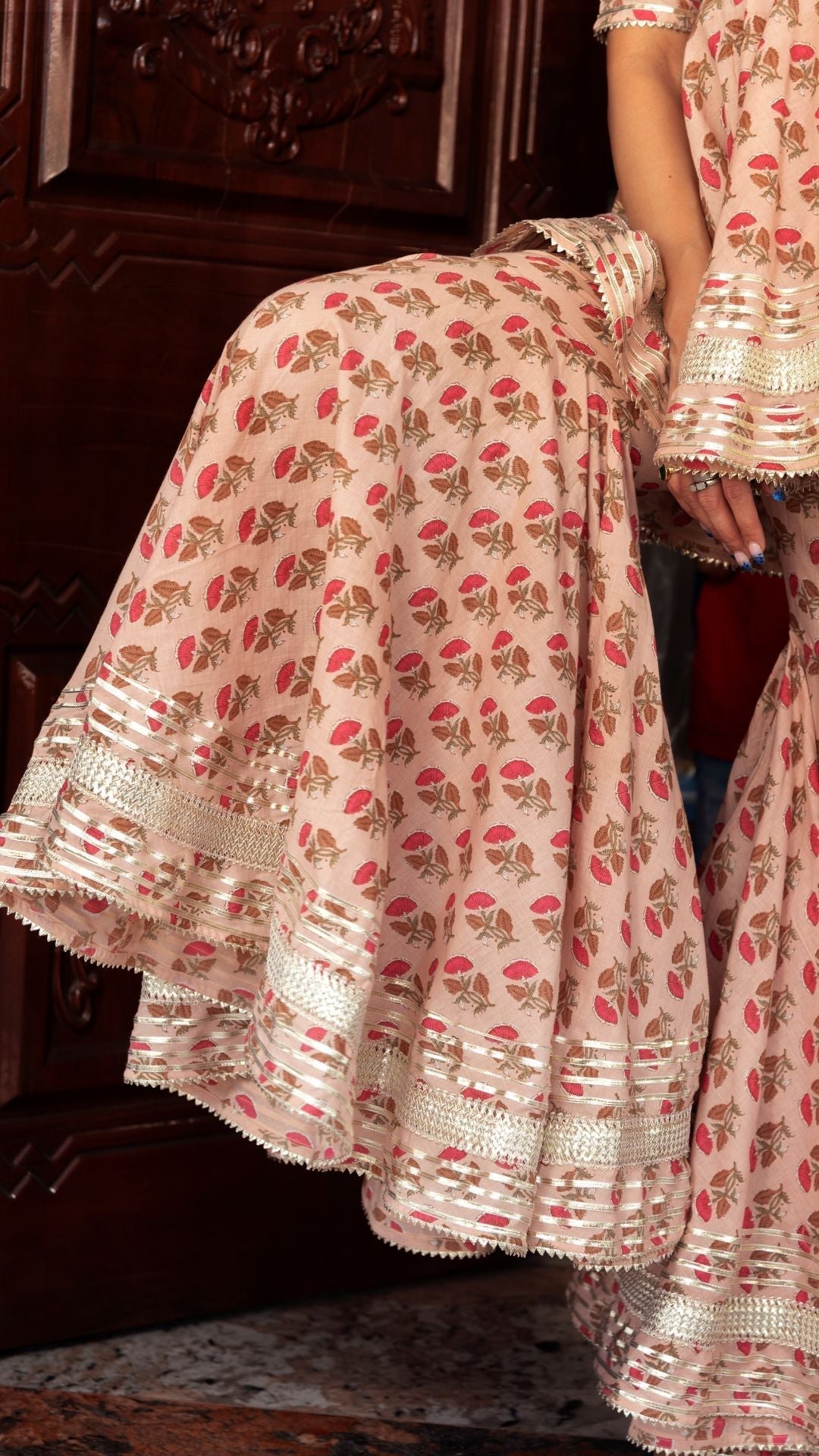 Pomcha Jaipur Peach Hand Block Cotton Sharara Set 