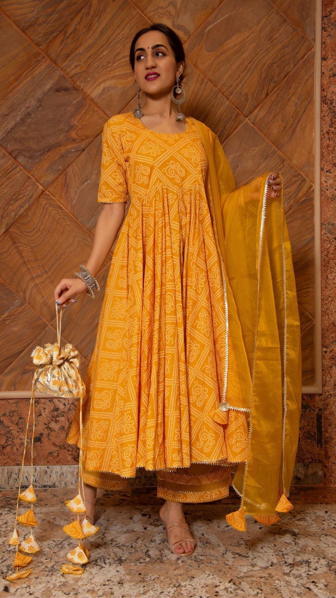 Pomcha Jaipur Bandhej Yellow Cotton Anarkali Set 