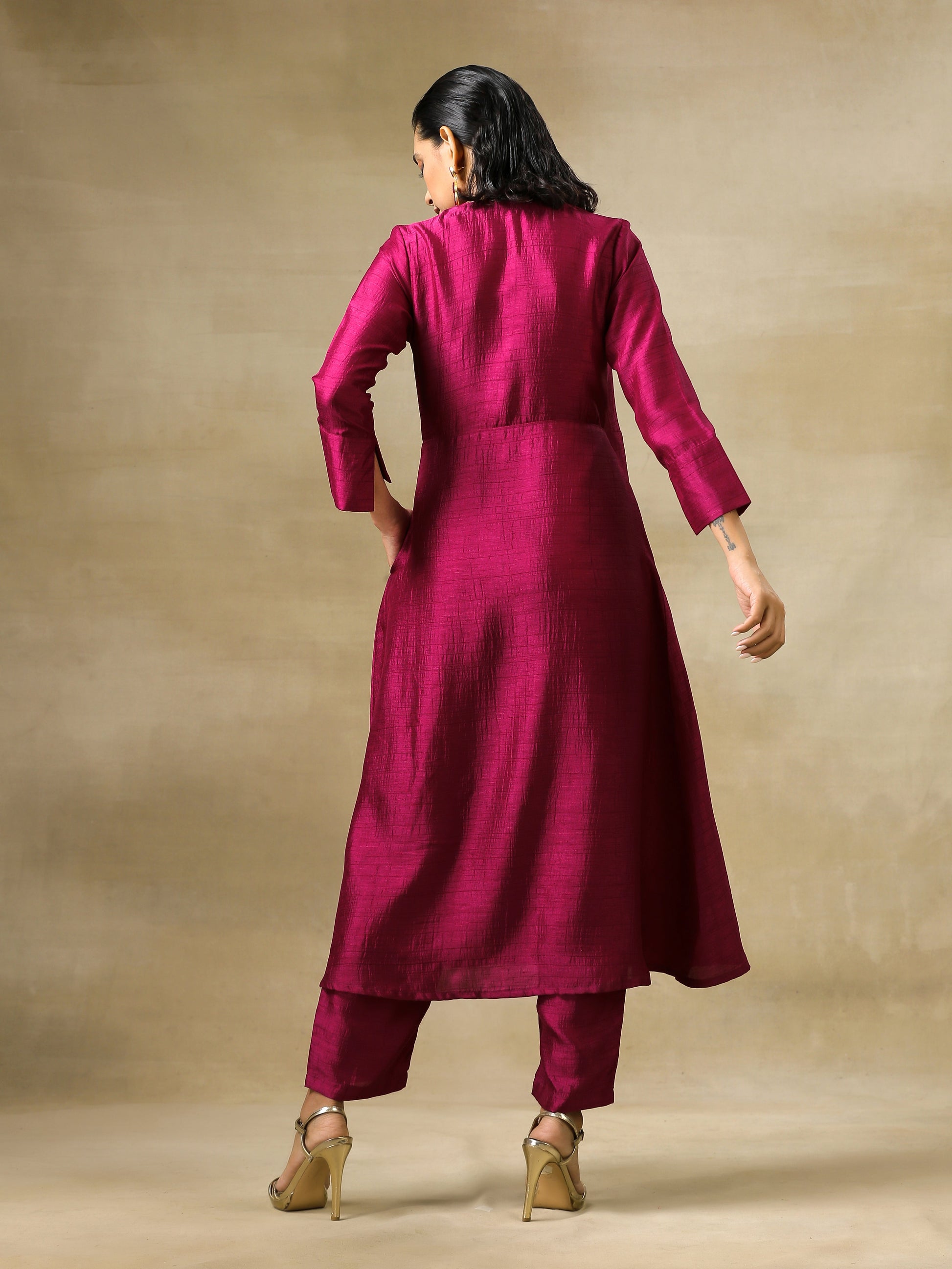 trueBrowns Purple Textured Silk Angrakha Kurta Pant Set 