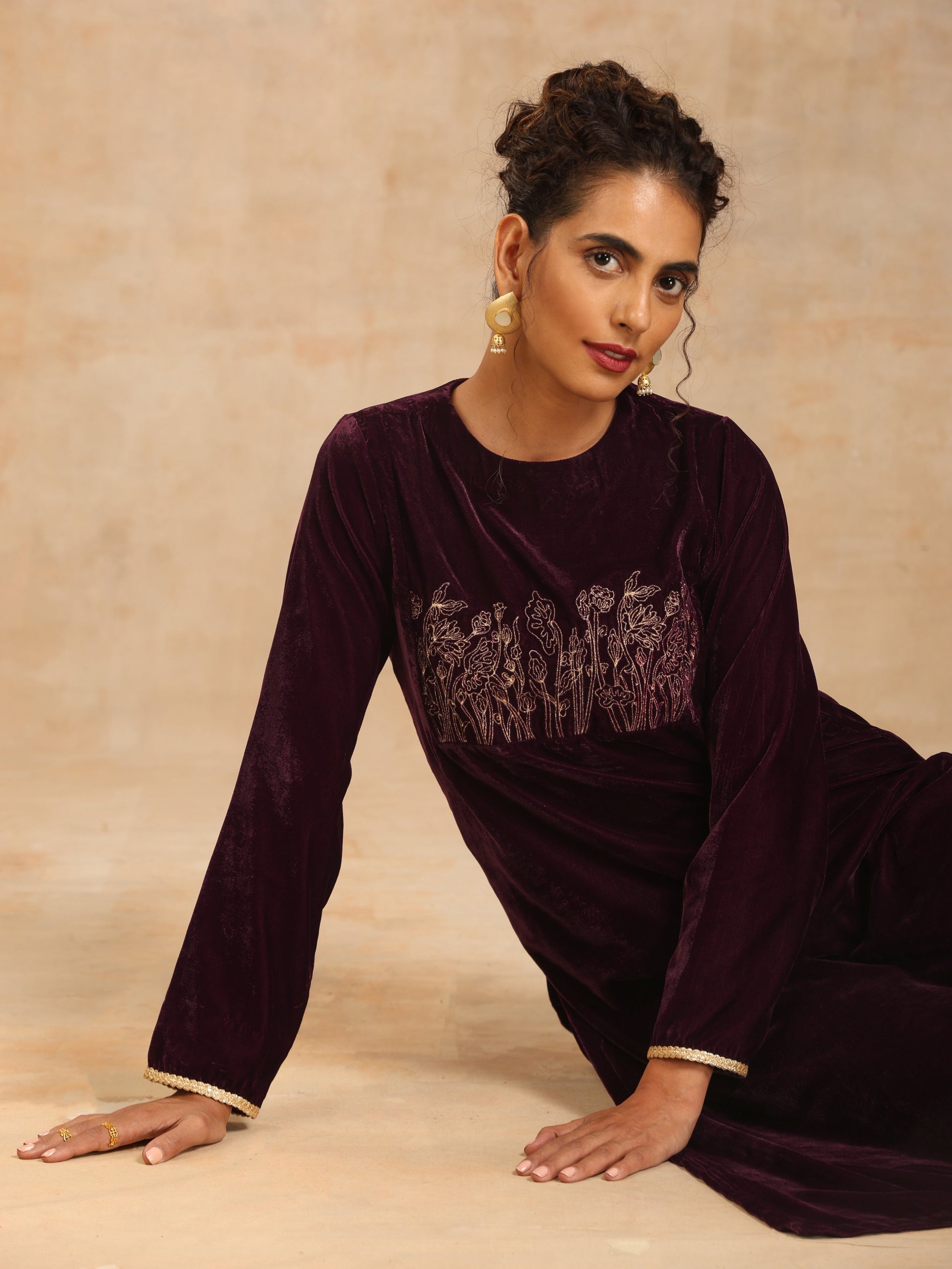 trueBrowns Wine Velvet Yoke Embroidered Kurta 