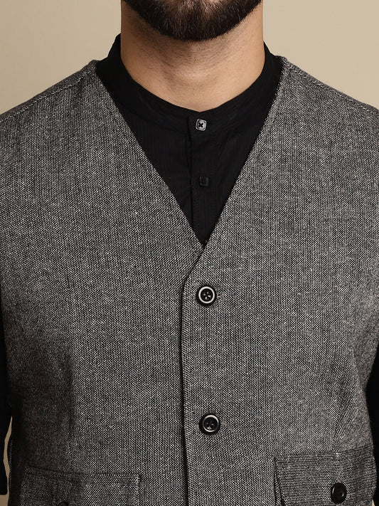Even Apparels Men's Black Woolen Waistcoat With Patch Pocket - Grab2buy