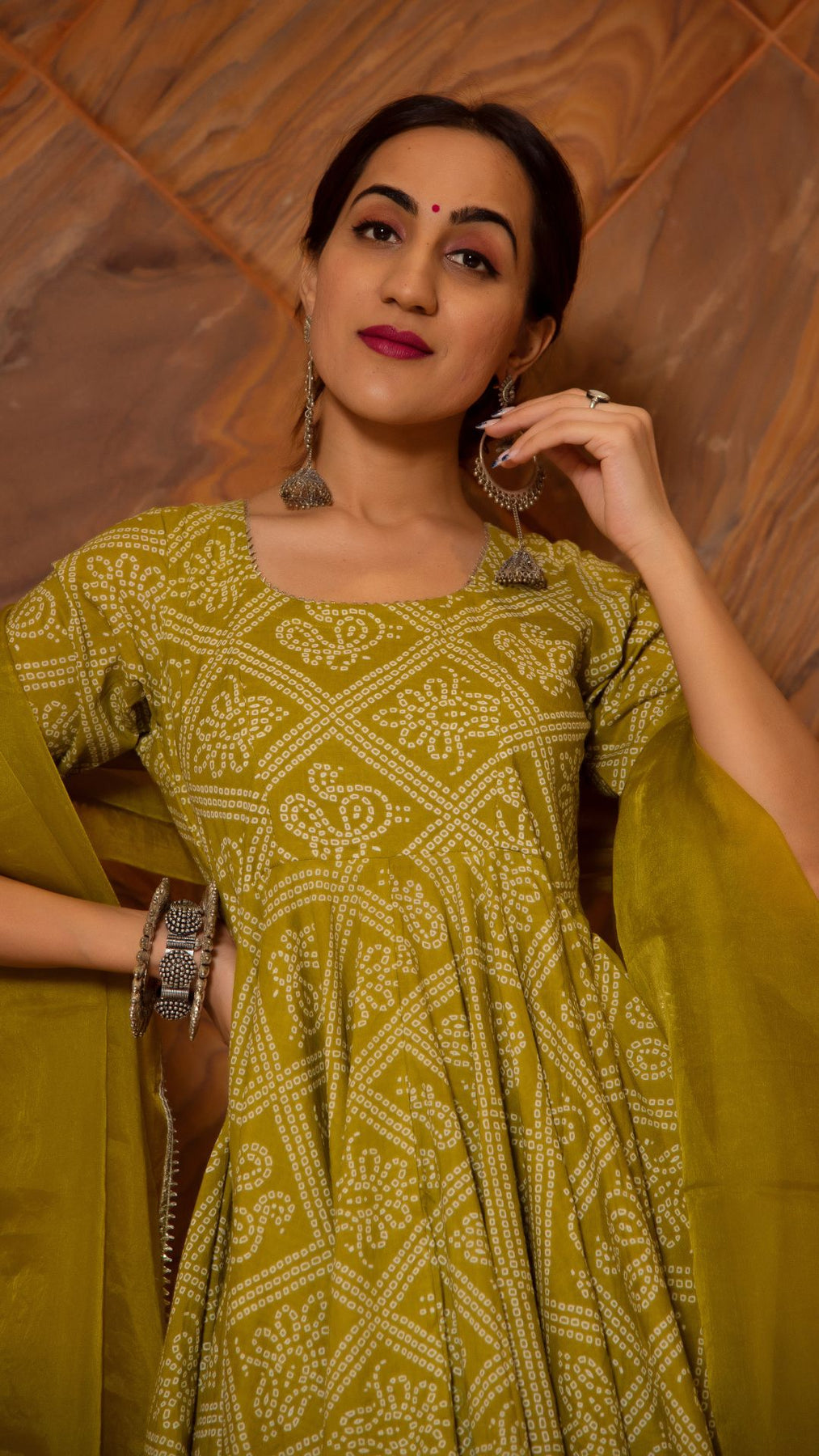 Pomcha Jaipur Bandhej Mehndhi Green Cotton Anarkali Set 