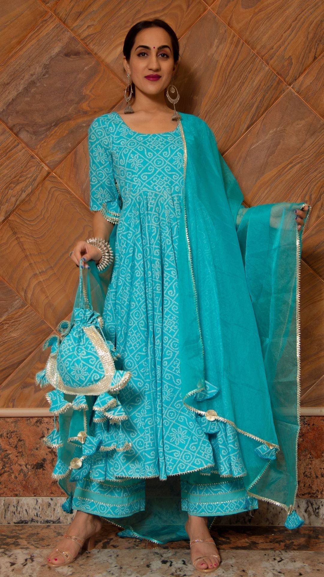 Pomcha Jaipur Bandhej Blue Cotton Anarkali Set 