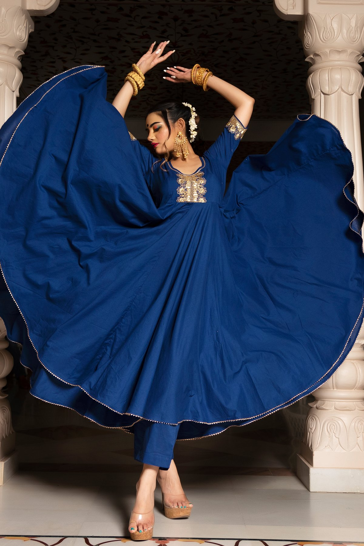 Pomcha Jaipur Minakari Blue Anarkali Set 