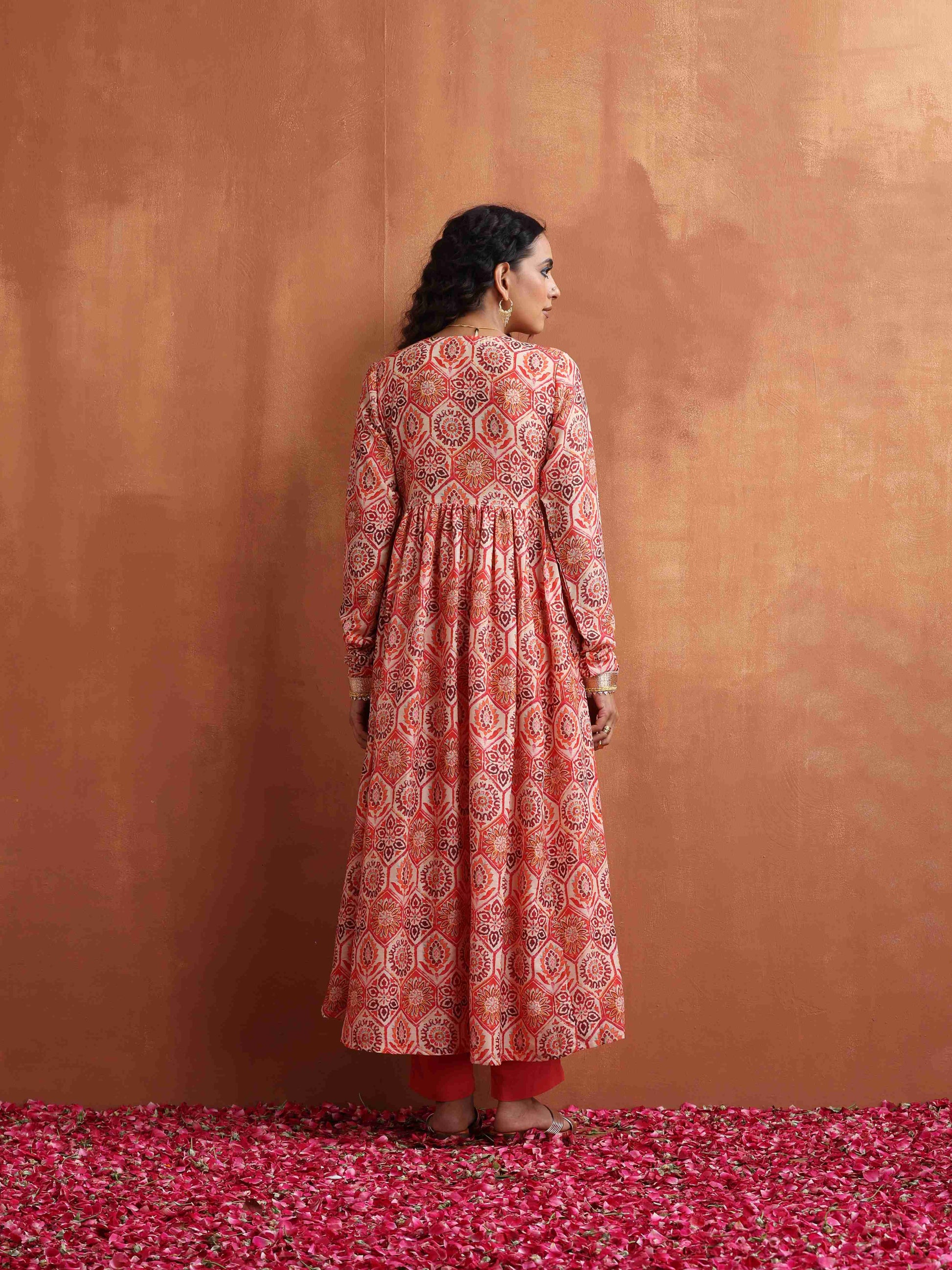 trueBrowns Beige Print Flared Anarkali Kurta Set 