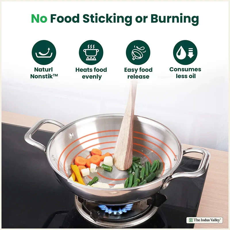 The Indus Valley TurboCuk Tri-ply Stainless Steel Kadai+ Steel Lid, Premium Quality, 3 Layer Thick Body, 100% Toxin-free, Non-stick, Induction & Gas, 3L/3.5L/3.9L/4.5L  Grab2Buy The Indus Valley Grab2Buy