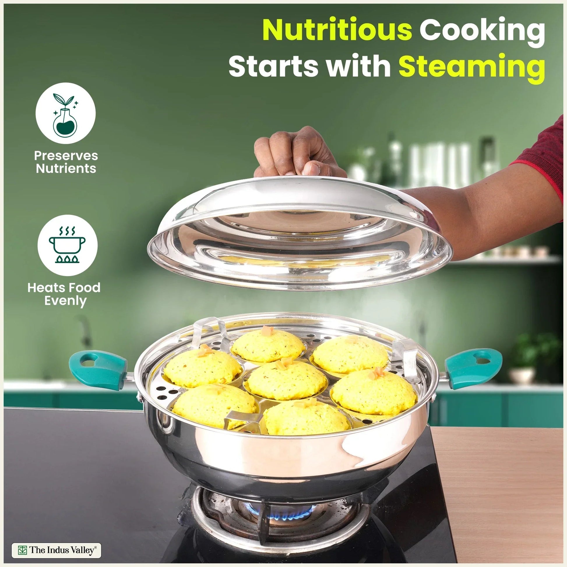 The Indus Valley 14 Pit Tri-Steel Multi Pot Premium Stainless Steel Idli/ Momo Maker/ Veg Steaming Set, Tri-ply Induction Bottom, 2 Plates, 27cm 