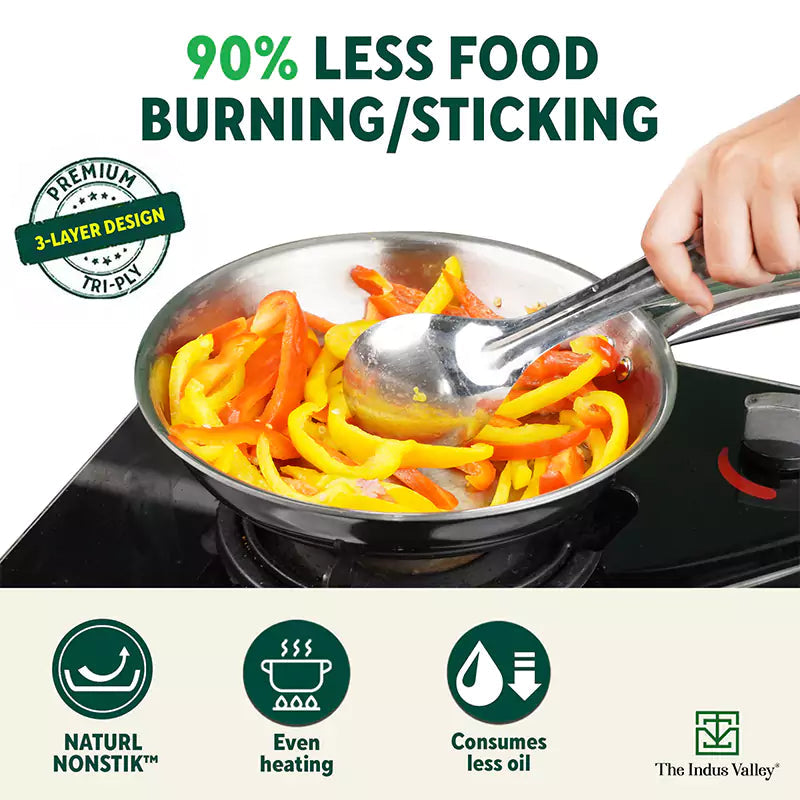 The Indus Valley TurboCuk Tri-ply Stainless Steel Cookware Set: 2.2L Kadai+ 1.4L Frypan+ 1.2L Tea/Milk pan, Premium Quality, 3 Layer Thick Body, 100% Toxin-free, Non-stick, Induction & Gas  Grab2Buy The Indus Valley Grab2Buy