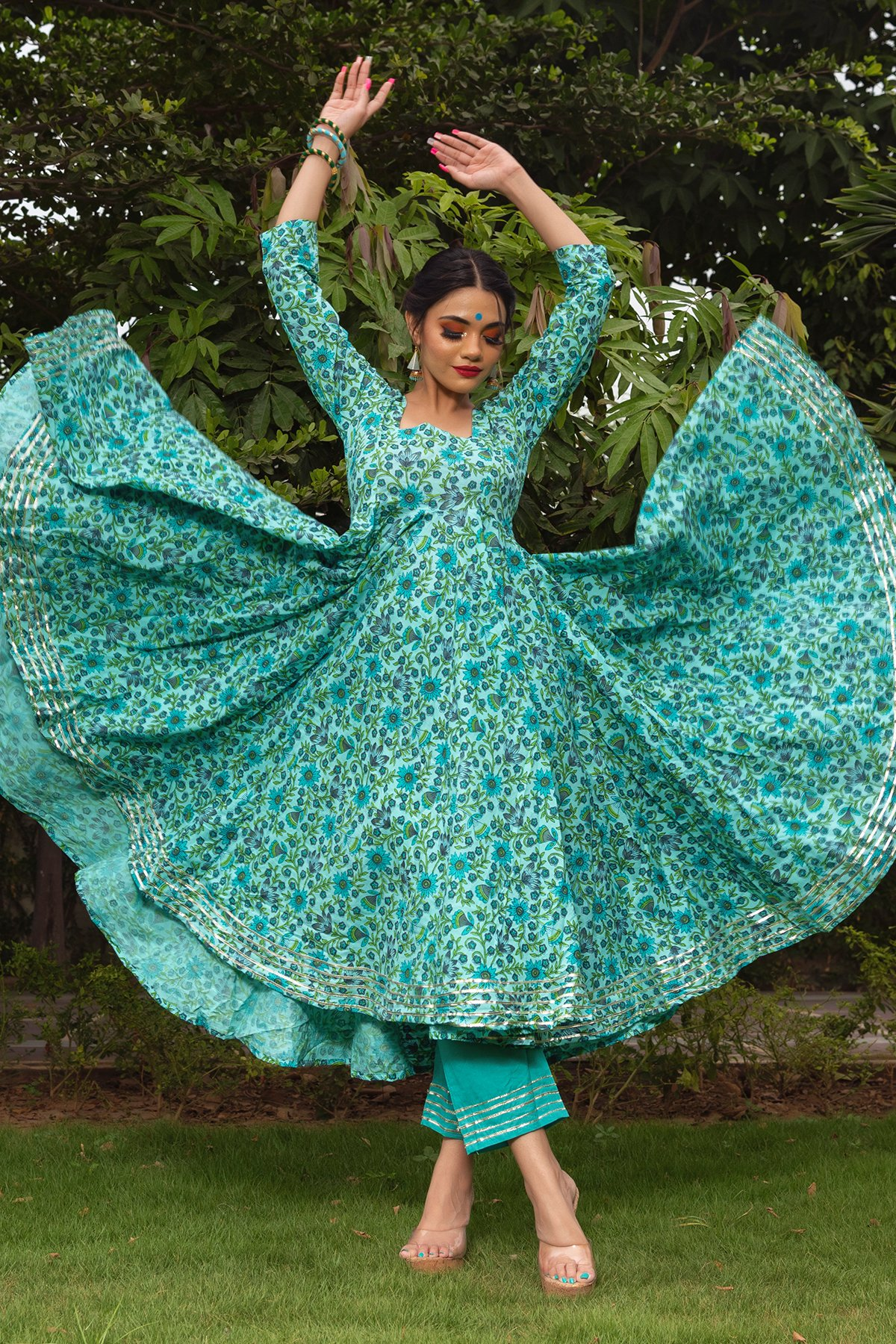 Pomcha Jaipur Morni Hand Block Cotton Anarkali Set 