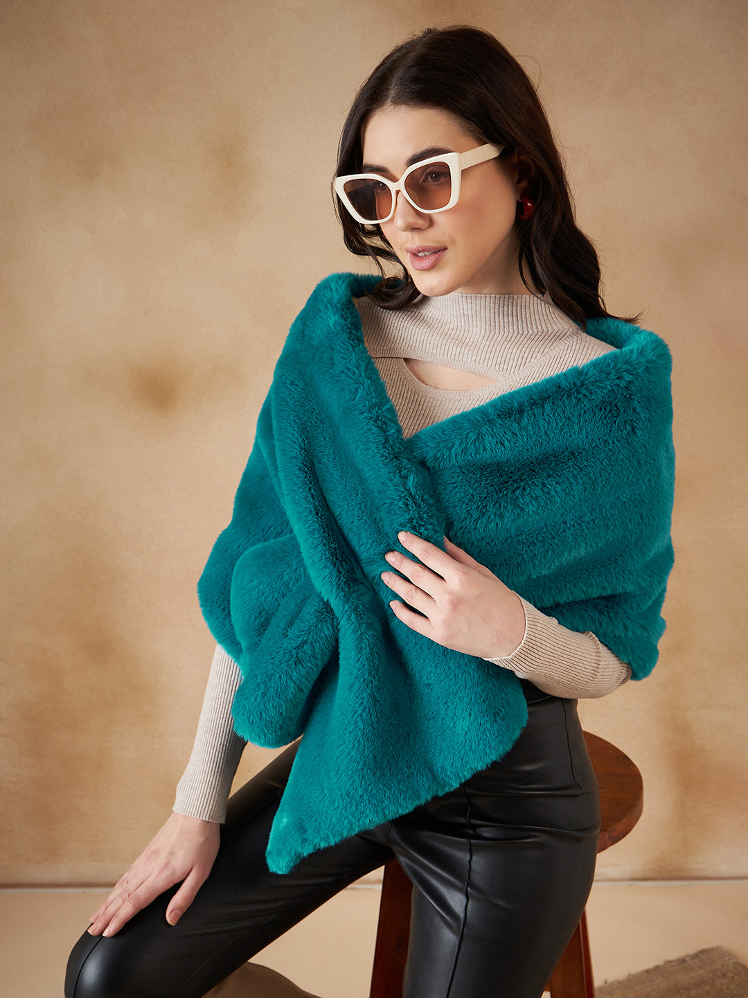 InWeave Women's Cyan Blue Long Faux Fur Cape 