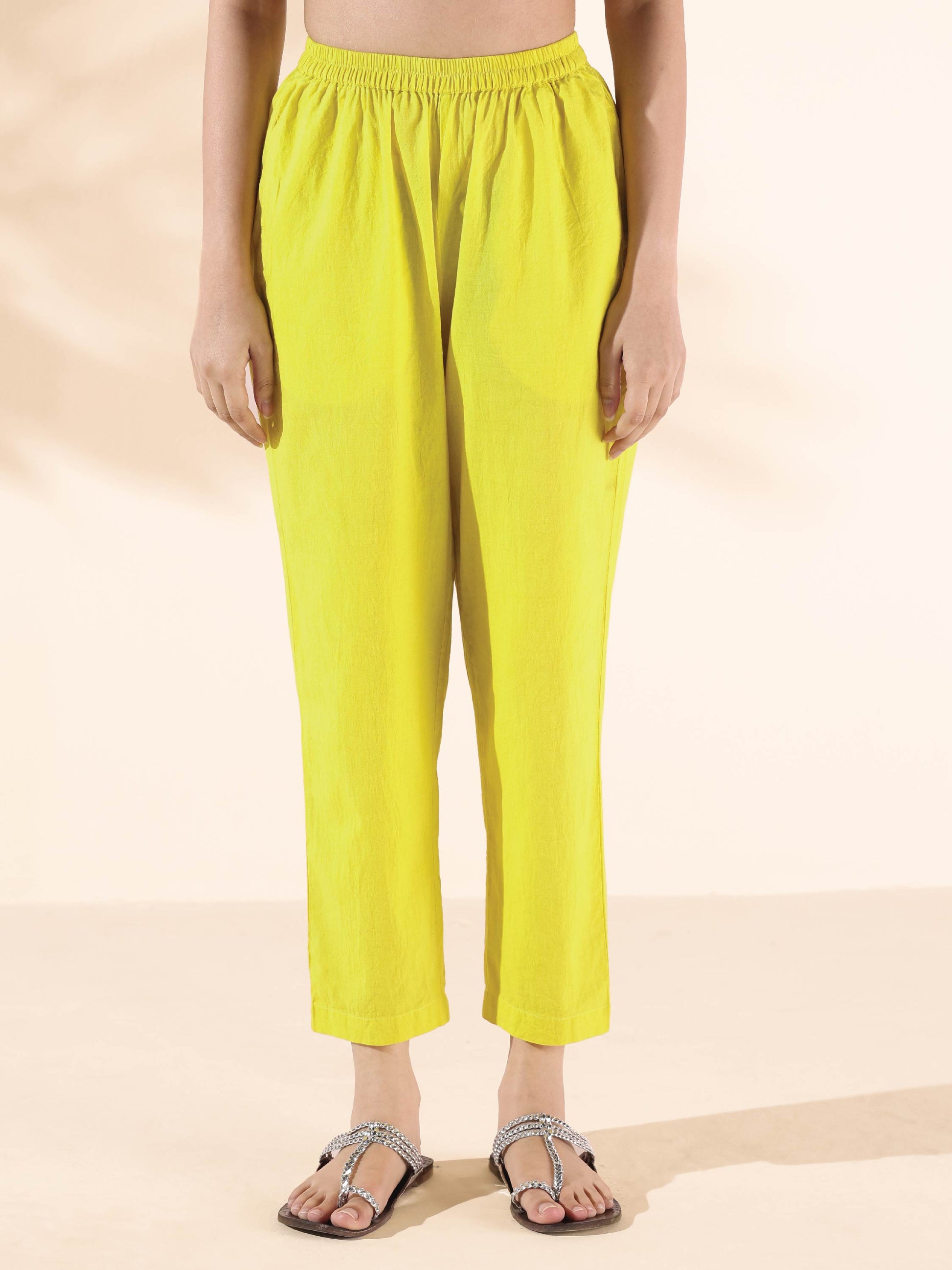 trueBrowns Lime Cotton Ikat Kurta Pant Set 