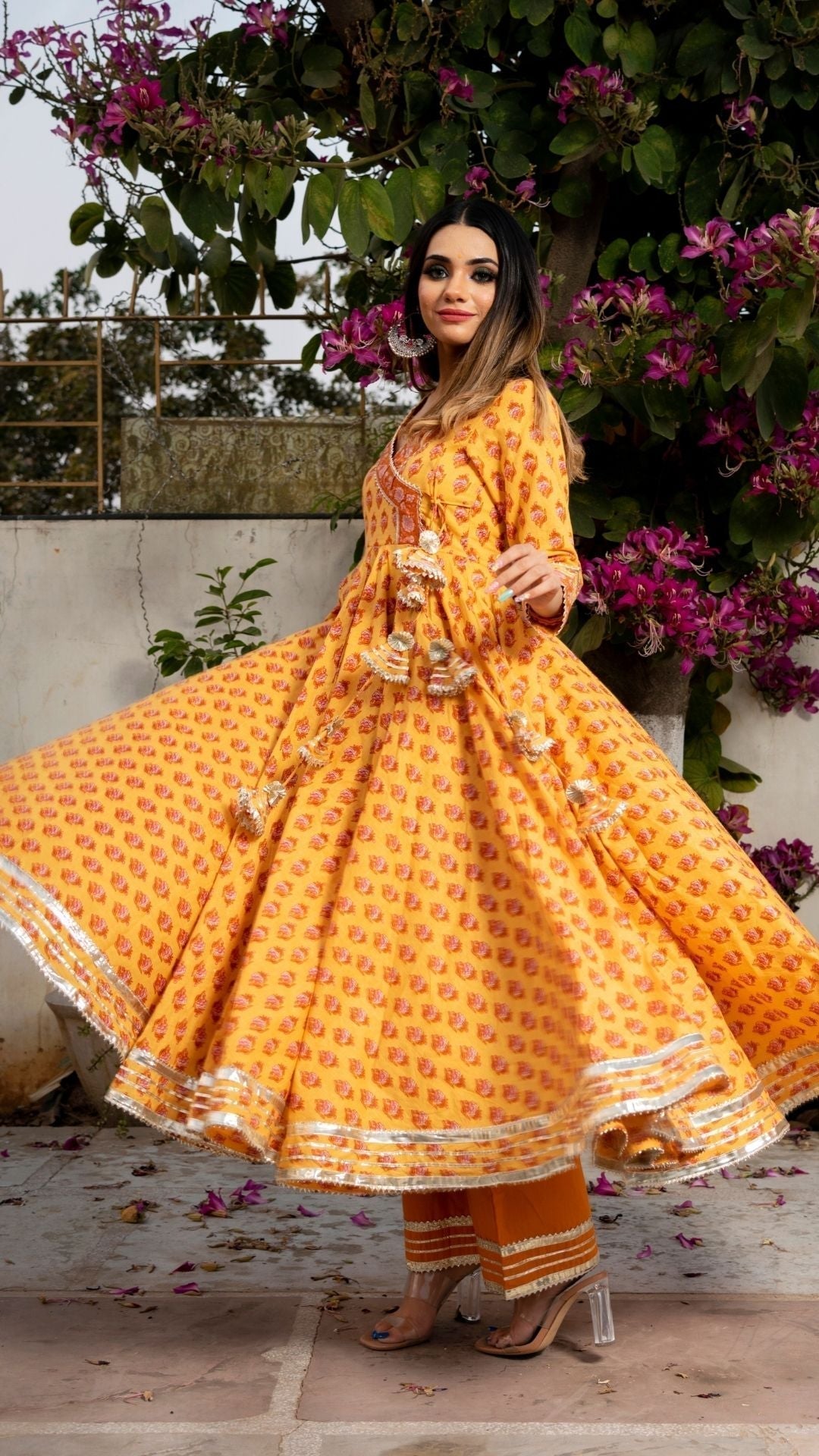 Pomcha Jaipur Mehar Light Brown Hand Block Anarkali Set 