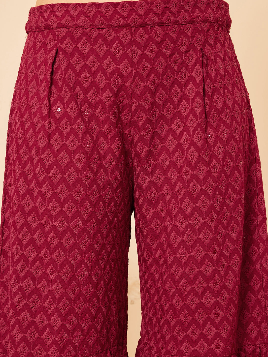 InWeave Women's Maroon Chikankari Long Anarkali Kurta Palazzo Set W Dupatta 