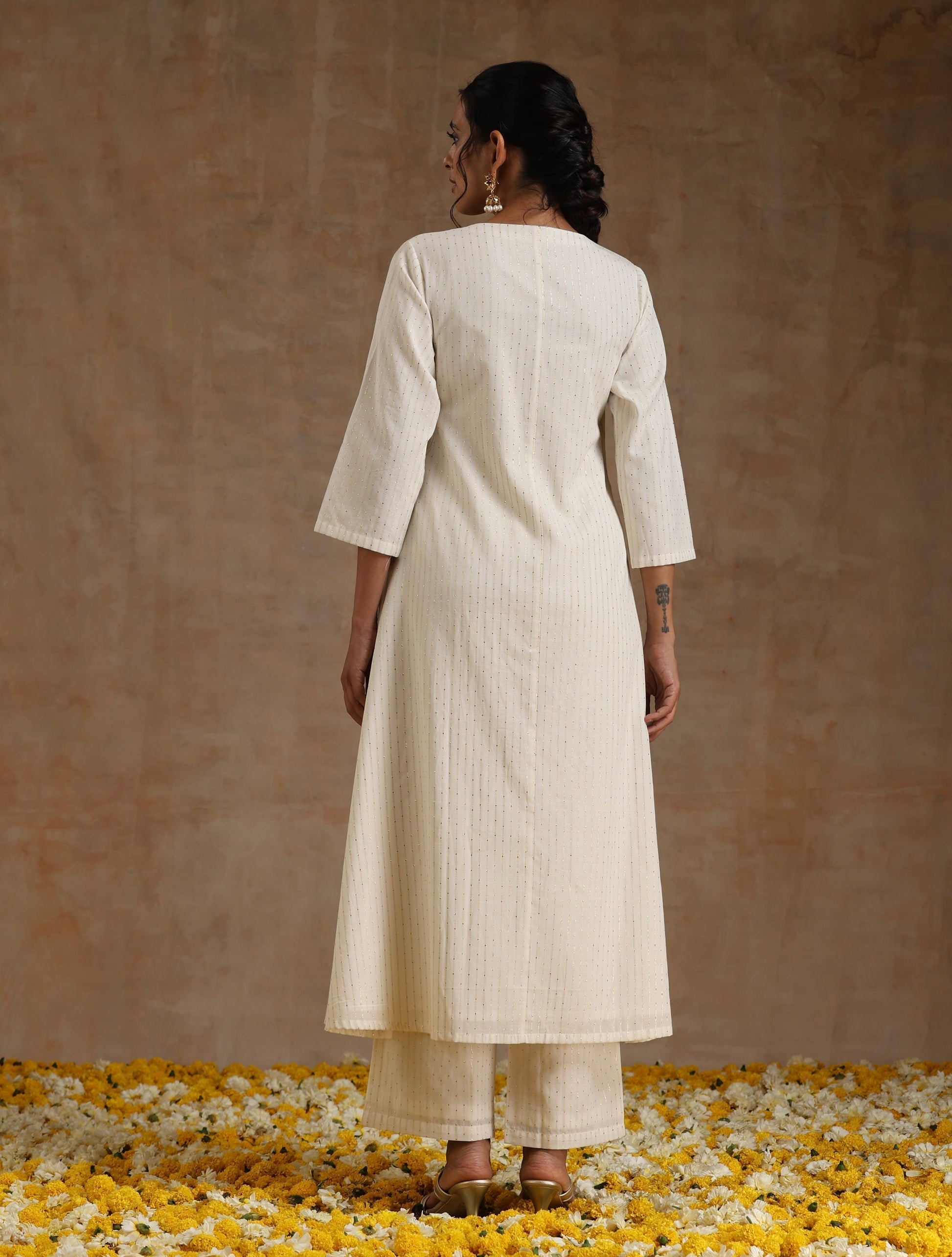 trueBrowns Ivory Gold Cotton Angrakha Kurta Set 