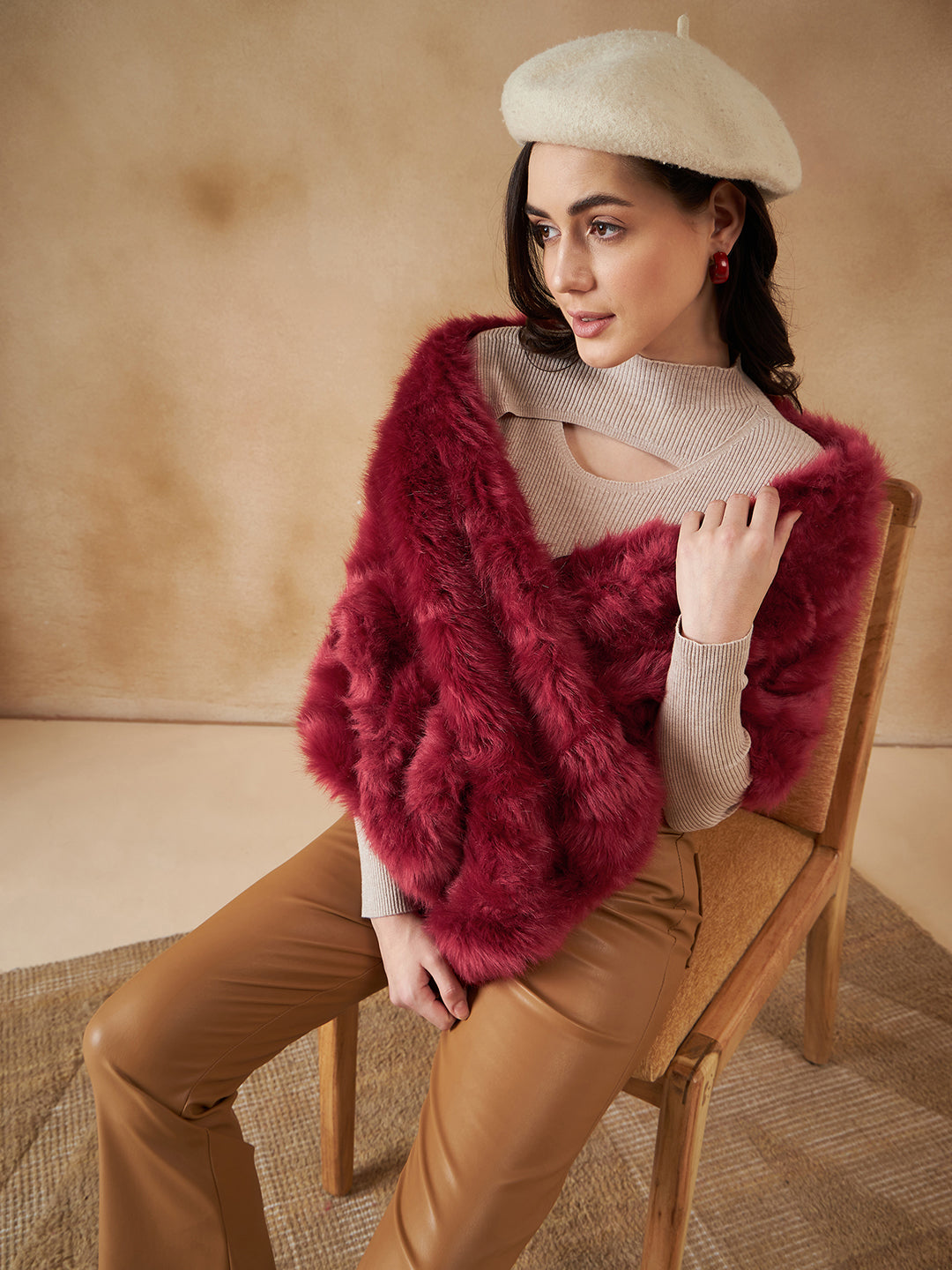 InWeave Women's Bright Rust Fur Cape 