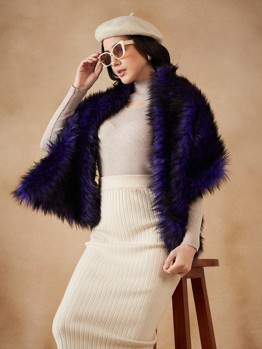 InWeave Purple Black Faux Fur Cape 
