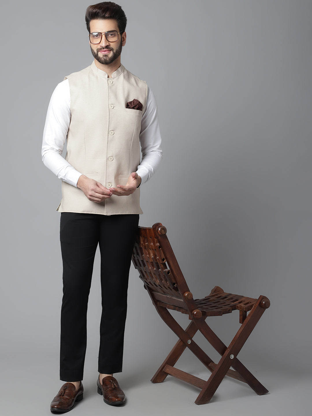 Even Apparels Men's Cream Nehru Jacket With Welt Pockets 