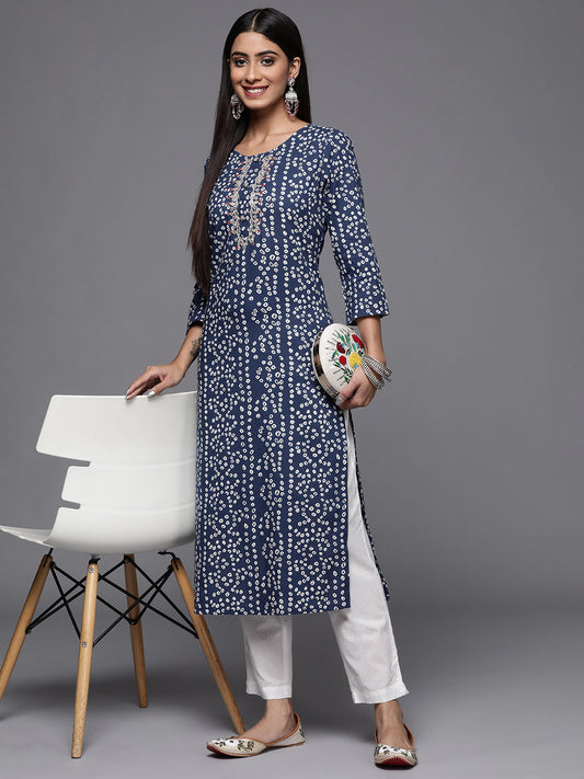 Varanga Blue Bandhani Print Embroidered Kurta Has Round Neck - Grab2buy