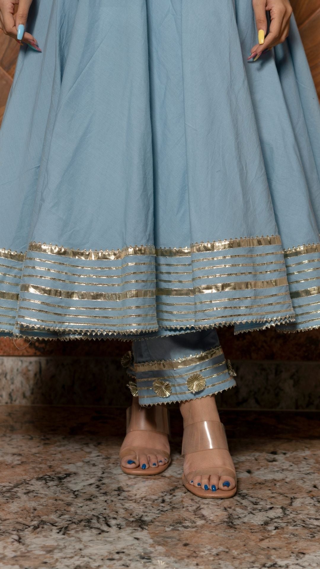 Pomcha Jaipur Powder Blue Pure Cotton Anarkali Set 