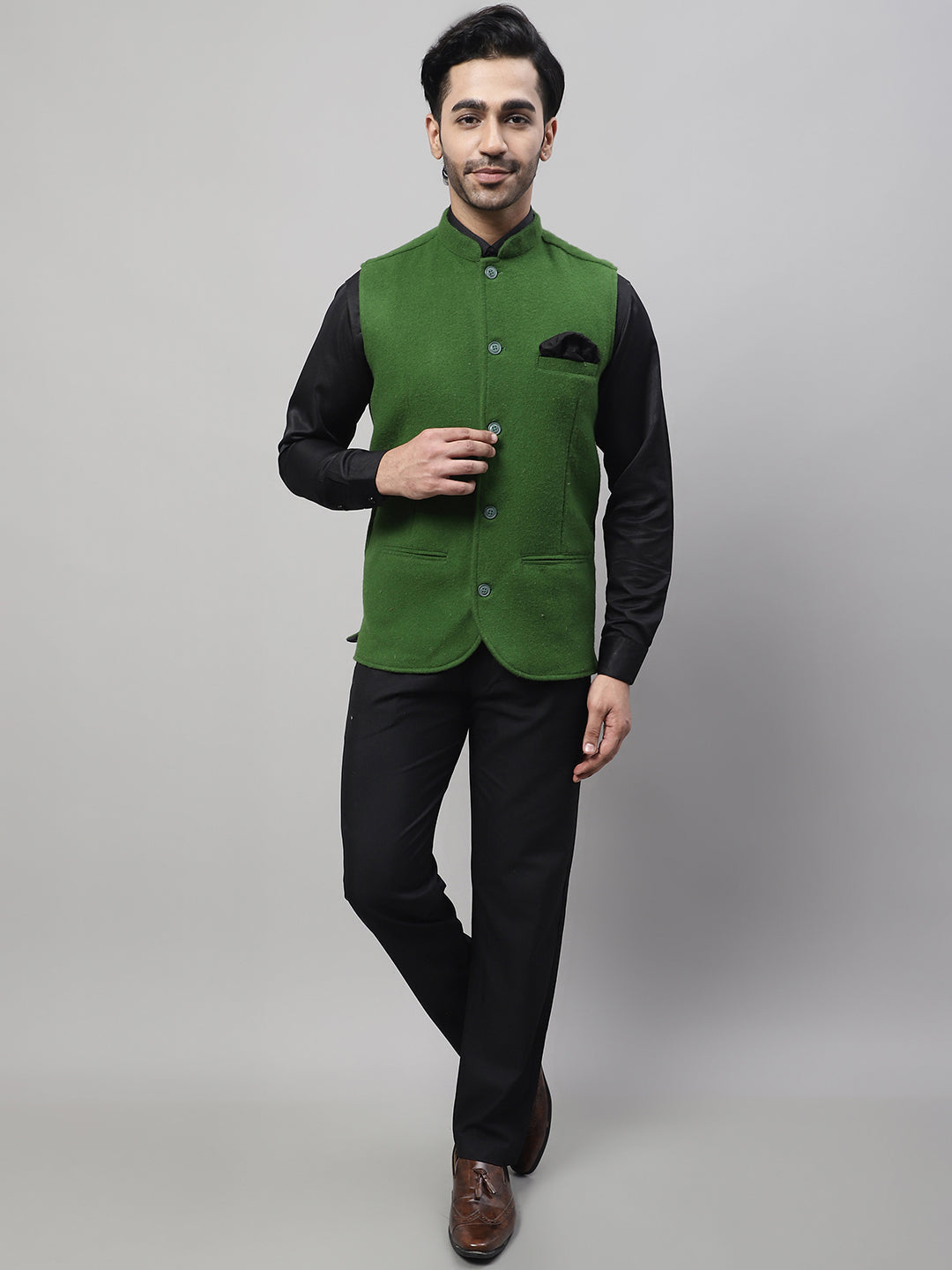 Even Apparels Men's Green Pure Wool Nehru Jacket 