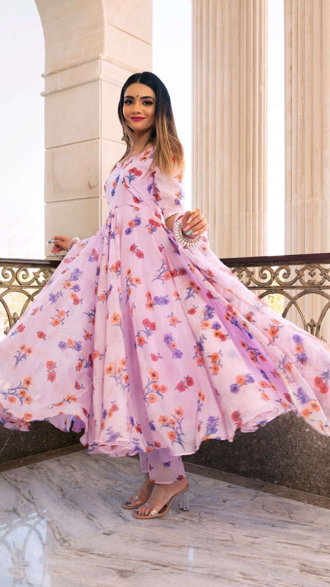 Pomcha Jaipur Lavender Gangaur Printed Organza Anarkali 