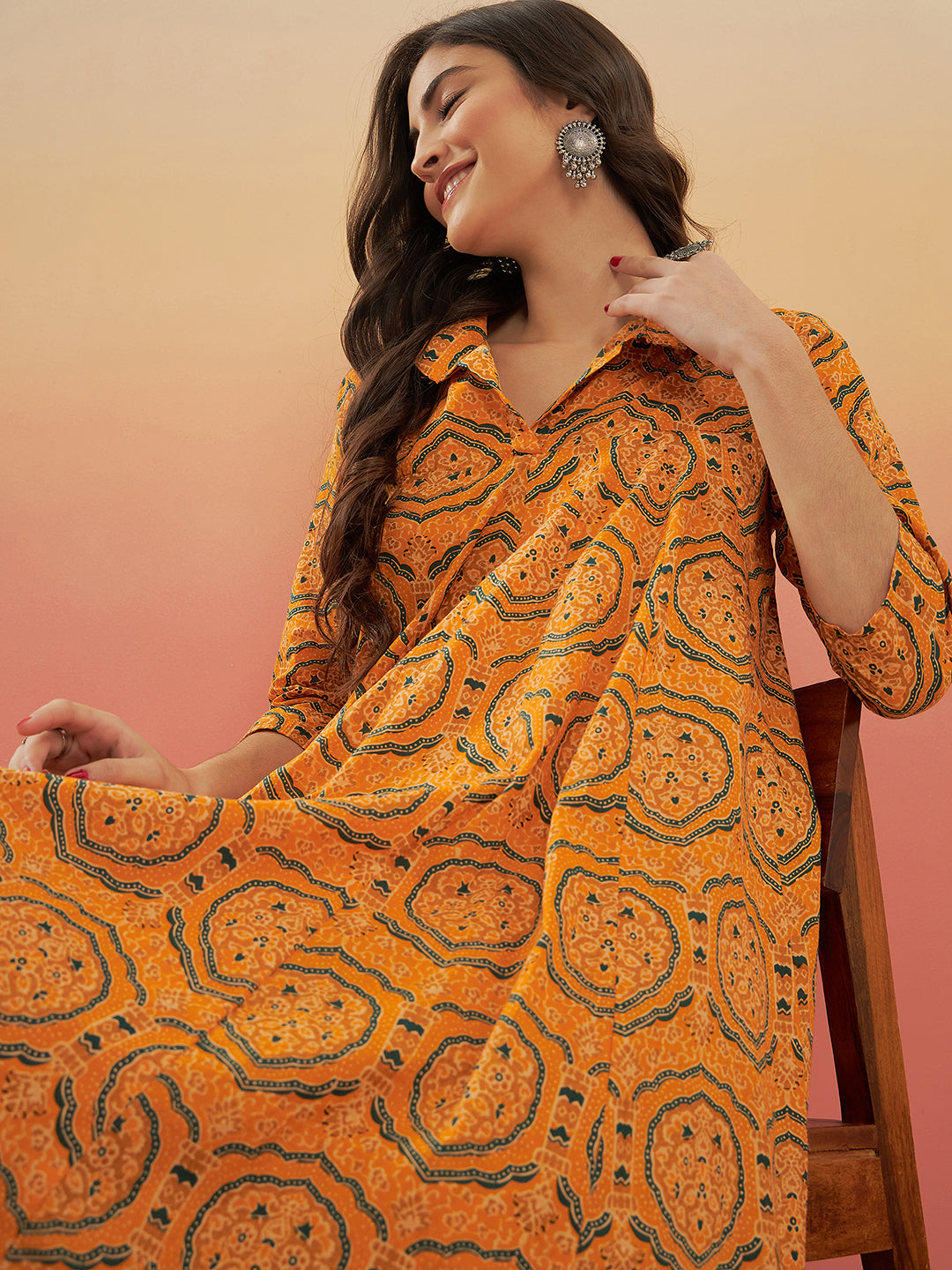 InWeave Women's Haldi Yellow Mughal Kalamkari Flared Dress 