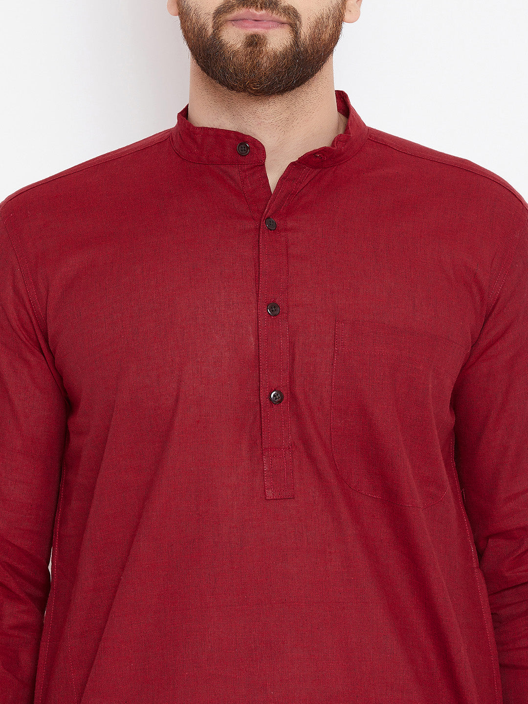 Even Apparels Maroon Pure Cotton Kurta With Band Collar 