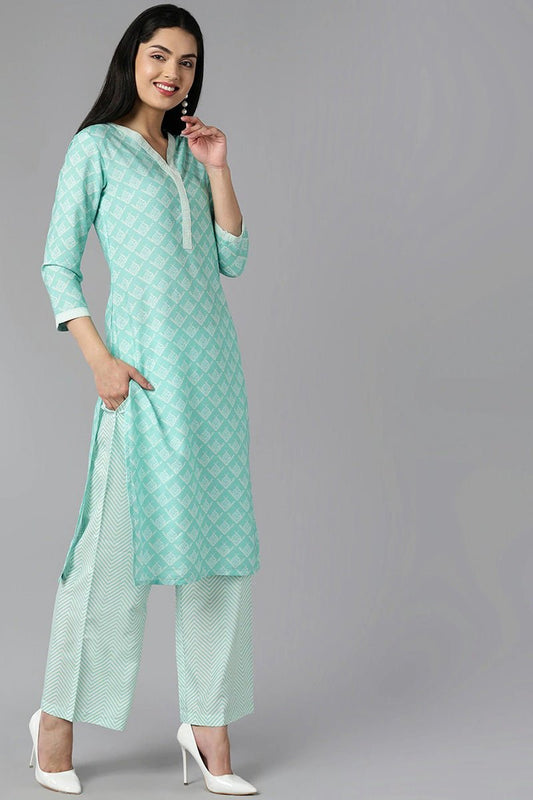 Ahika Sea Green Polyester Straight Kurta Palazzo With Dupatta