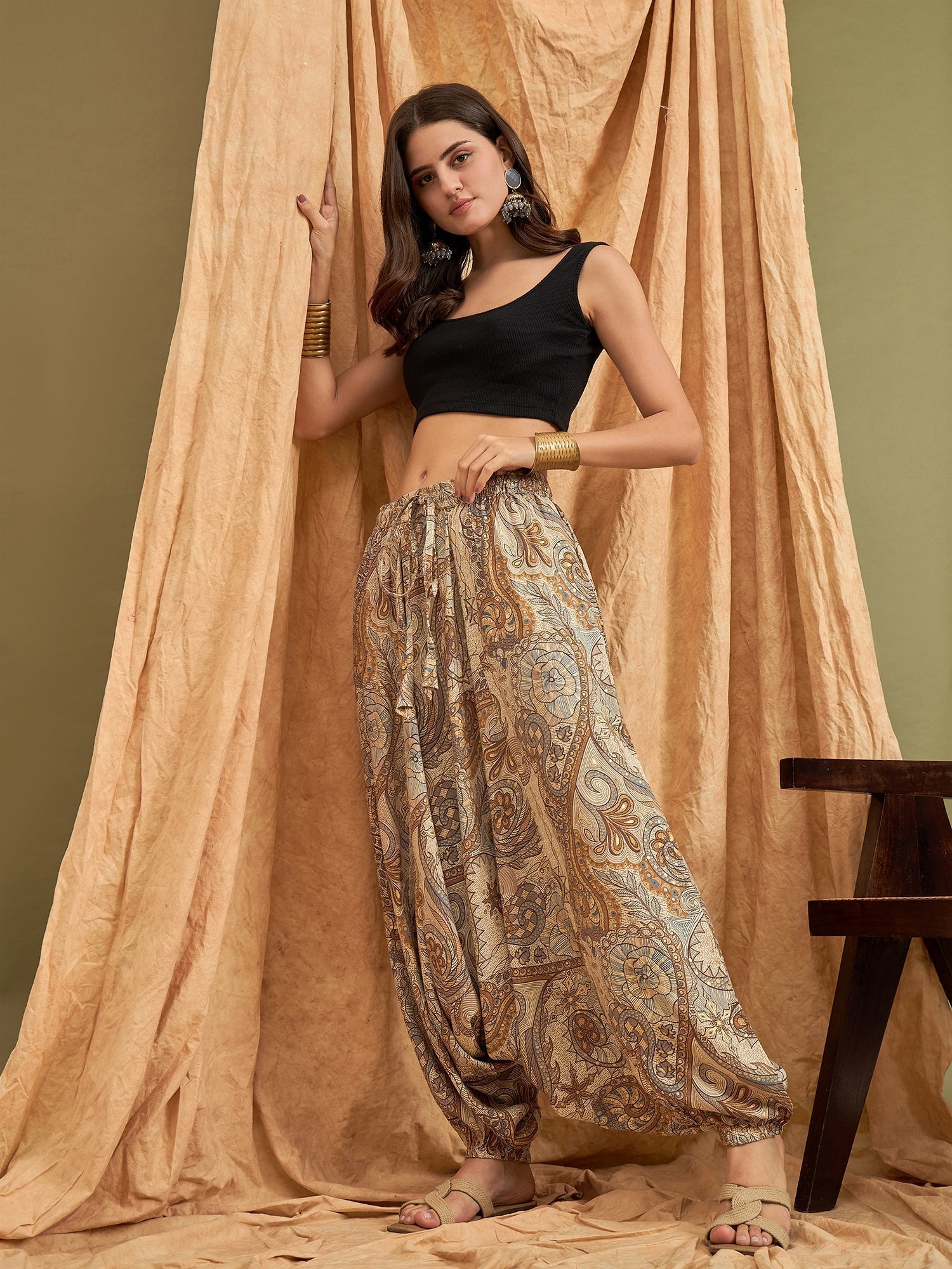 InWeave Beige Paisley Flower Harem Pant 
