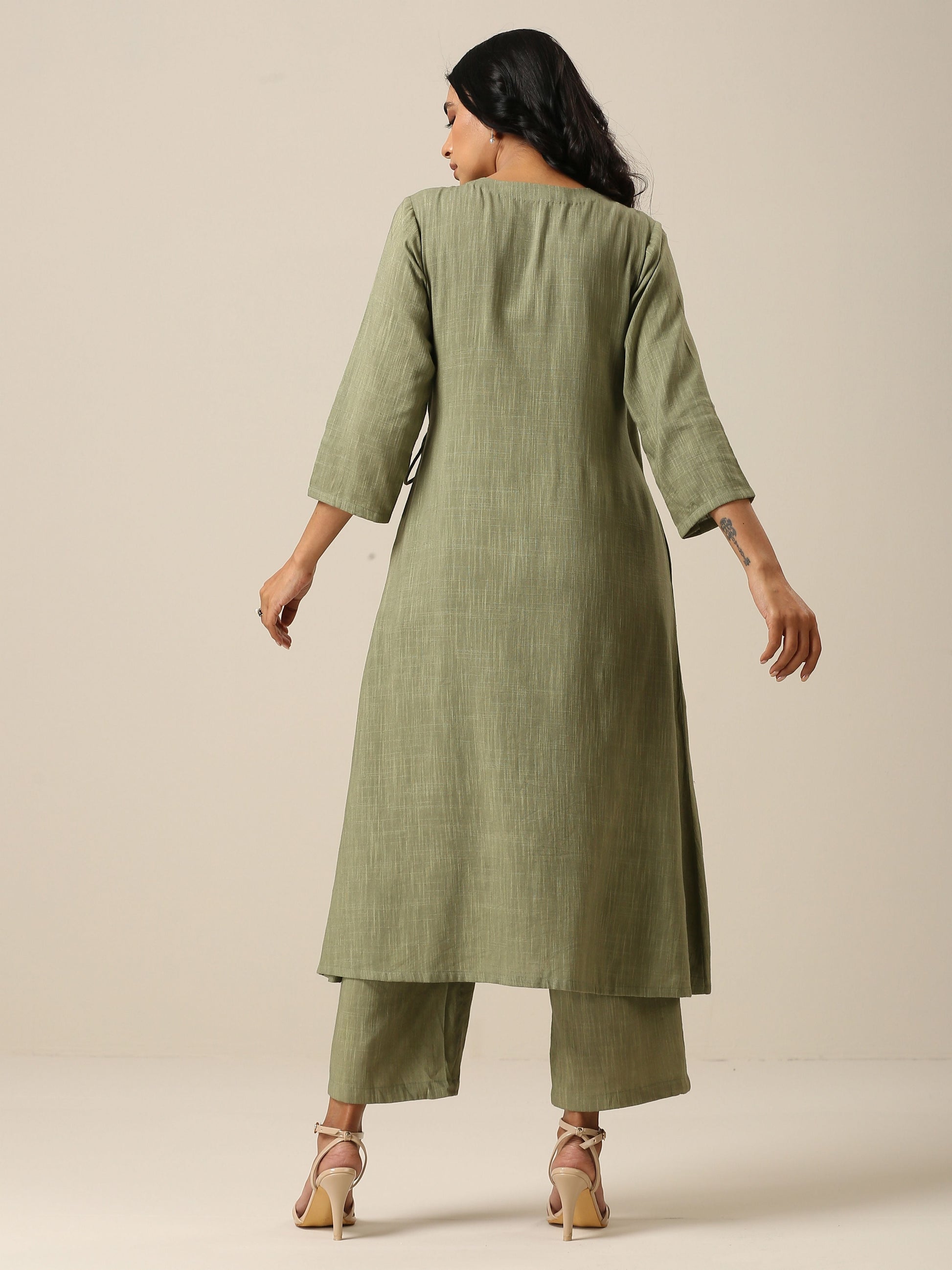 trueBrowns Sage Slub Texture Angrakha Pant Set 