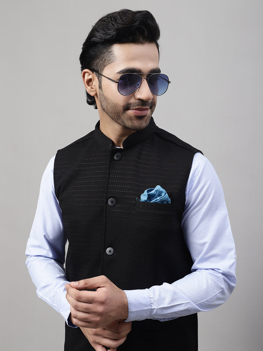 Even Apparels Men's Black Nehru Jacket With Welt Pockets 