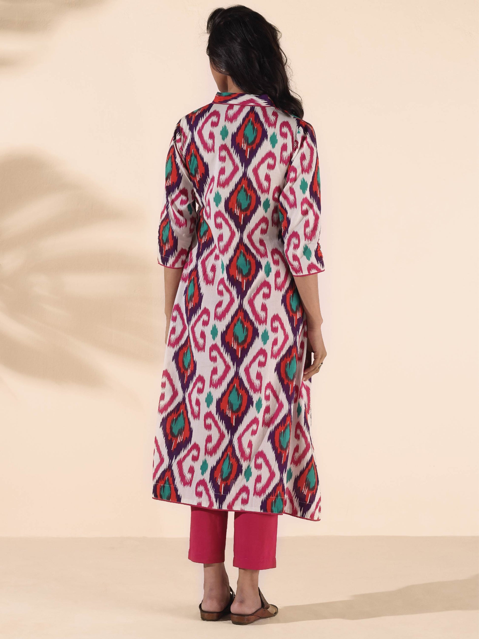 trueBrowns Pink Cotton Ikat Flared Kurta Pant Set 