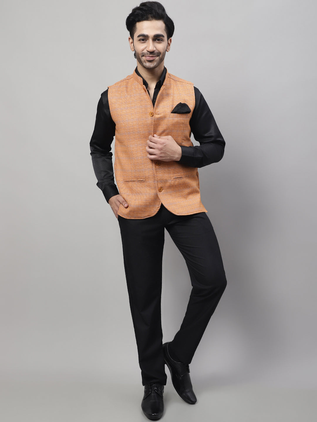 Even Apparels Men's Orange Nehru Jacket With Welt Pockets 