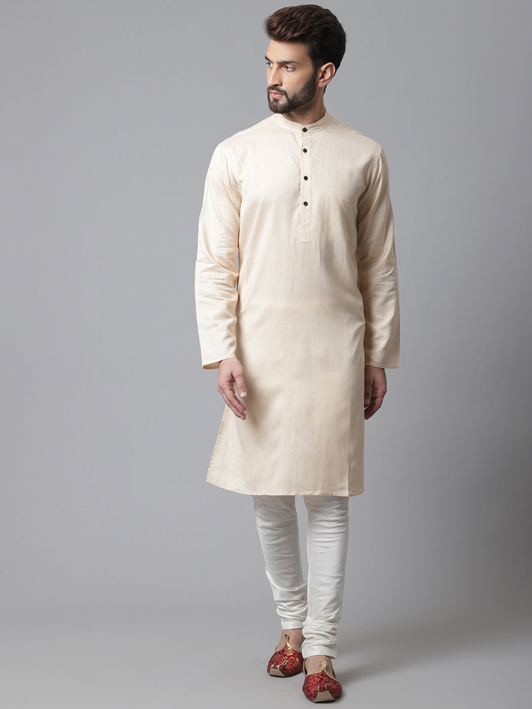 Even Apparels Cream Pure Cotton Kurta With Band Collar 