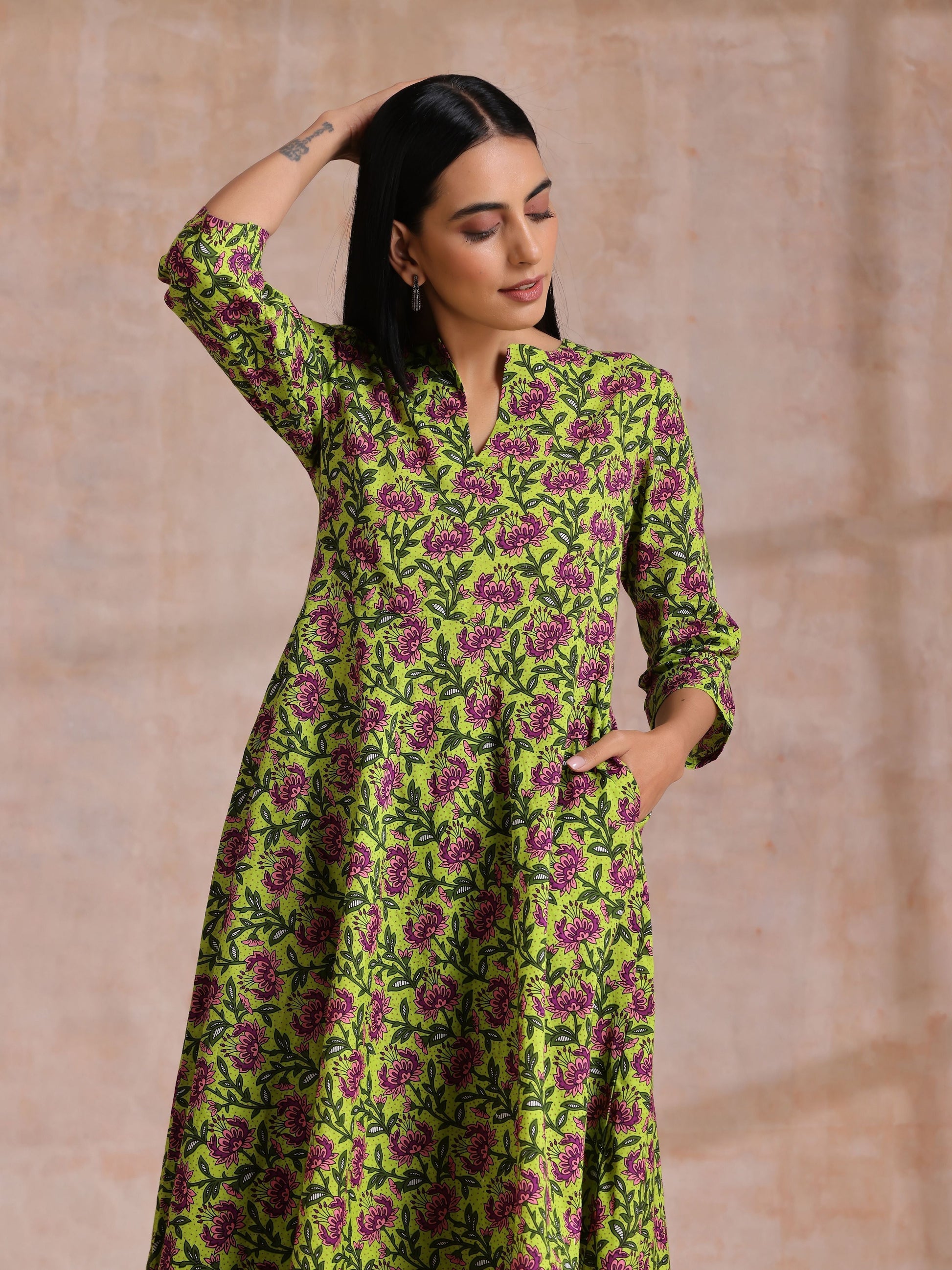 trueBrowns Lime Green Overall Pink Floral Block Print Cotton Flared Kurta Pant Set 