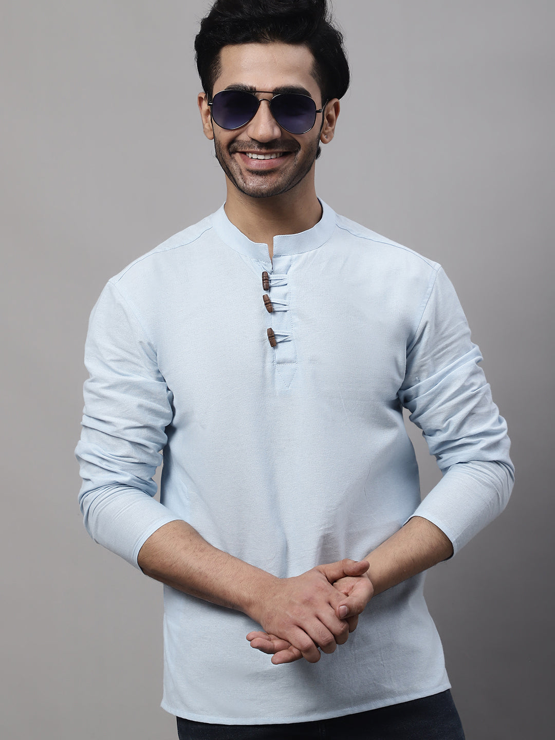 Even Apparels Blue Pure Cotton Kurta With Band Collar 