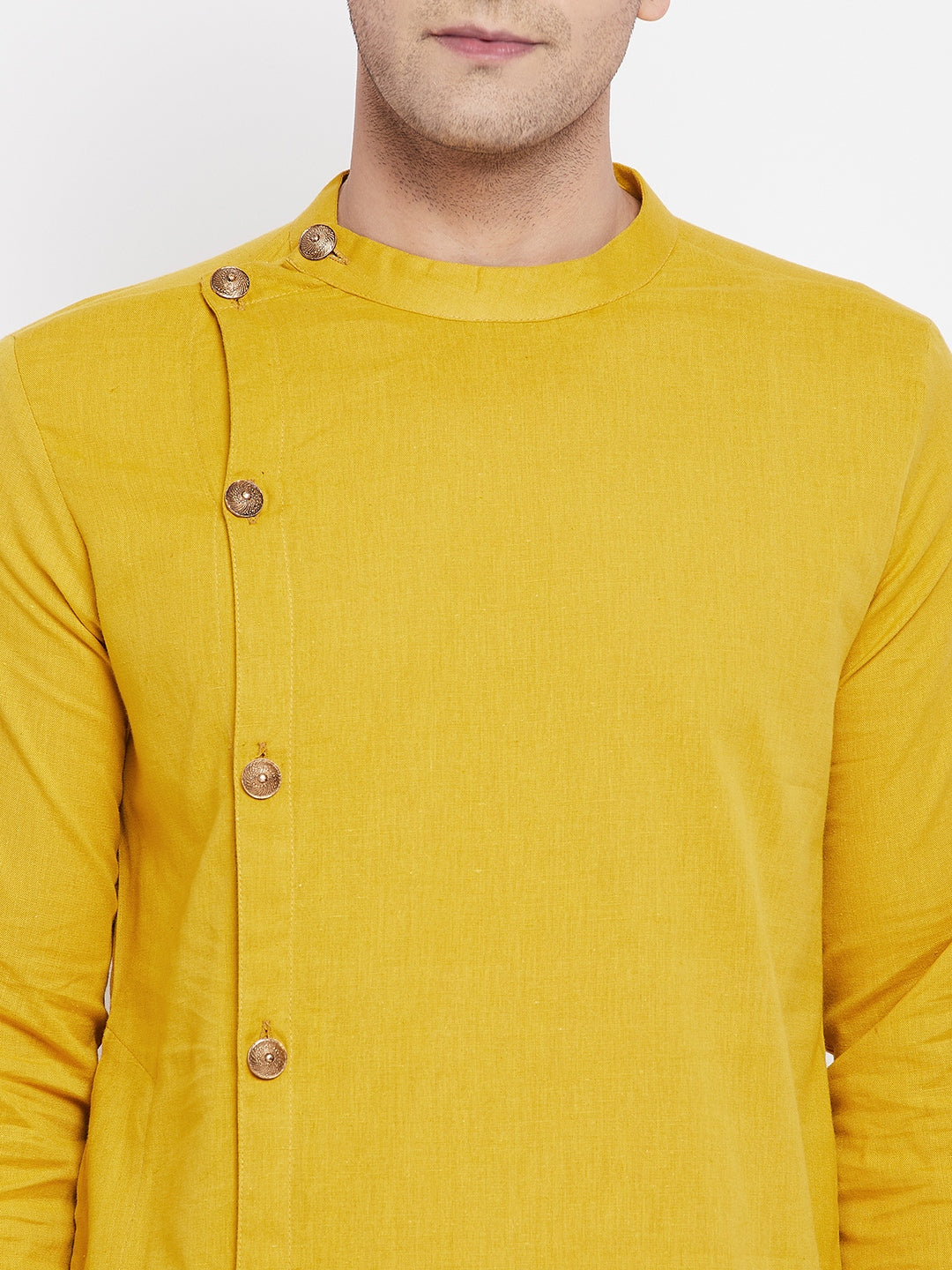 Even Apparels Yellow Pure Cotton Kurta With Band Collar 