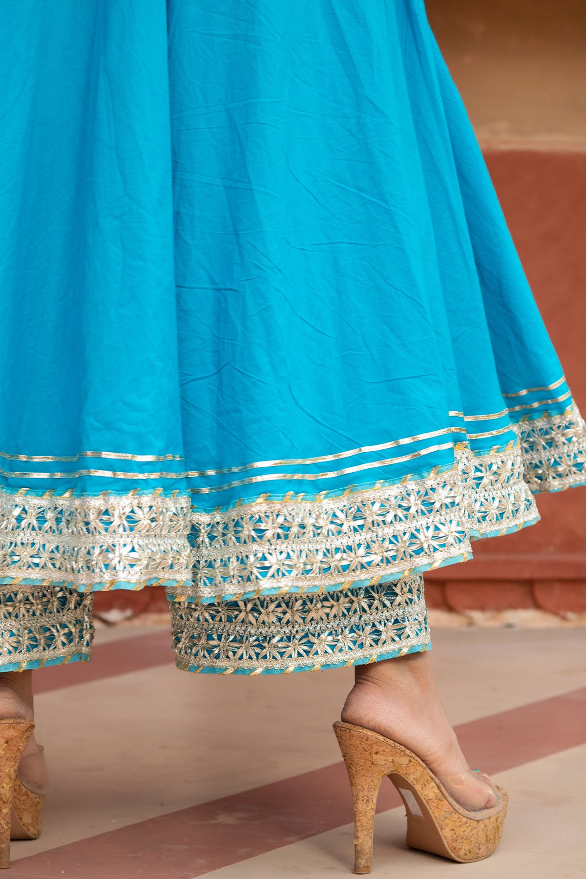 Pomcha Jaipur Kalamkari Blue Pure Cotton Anarkali Set 