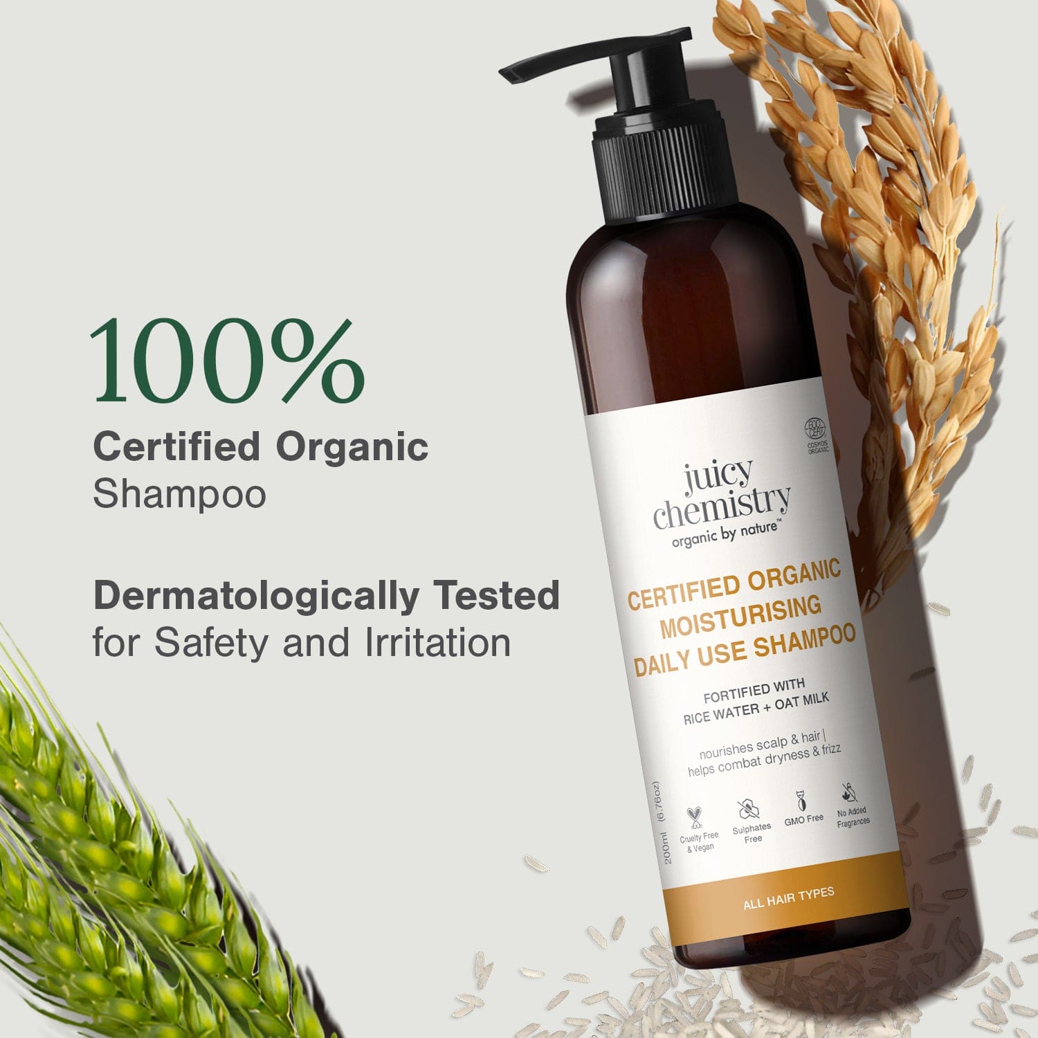 Certified Organic Moisturising Daily Use Shampoo Fortified with Rice Water + Oat Milk 