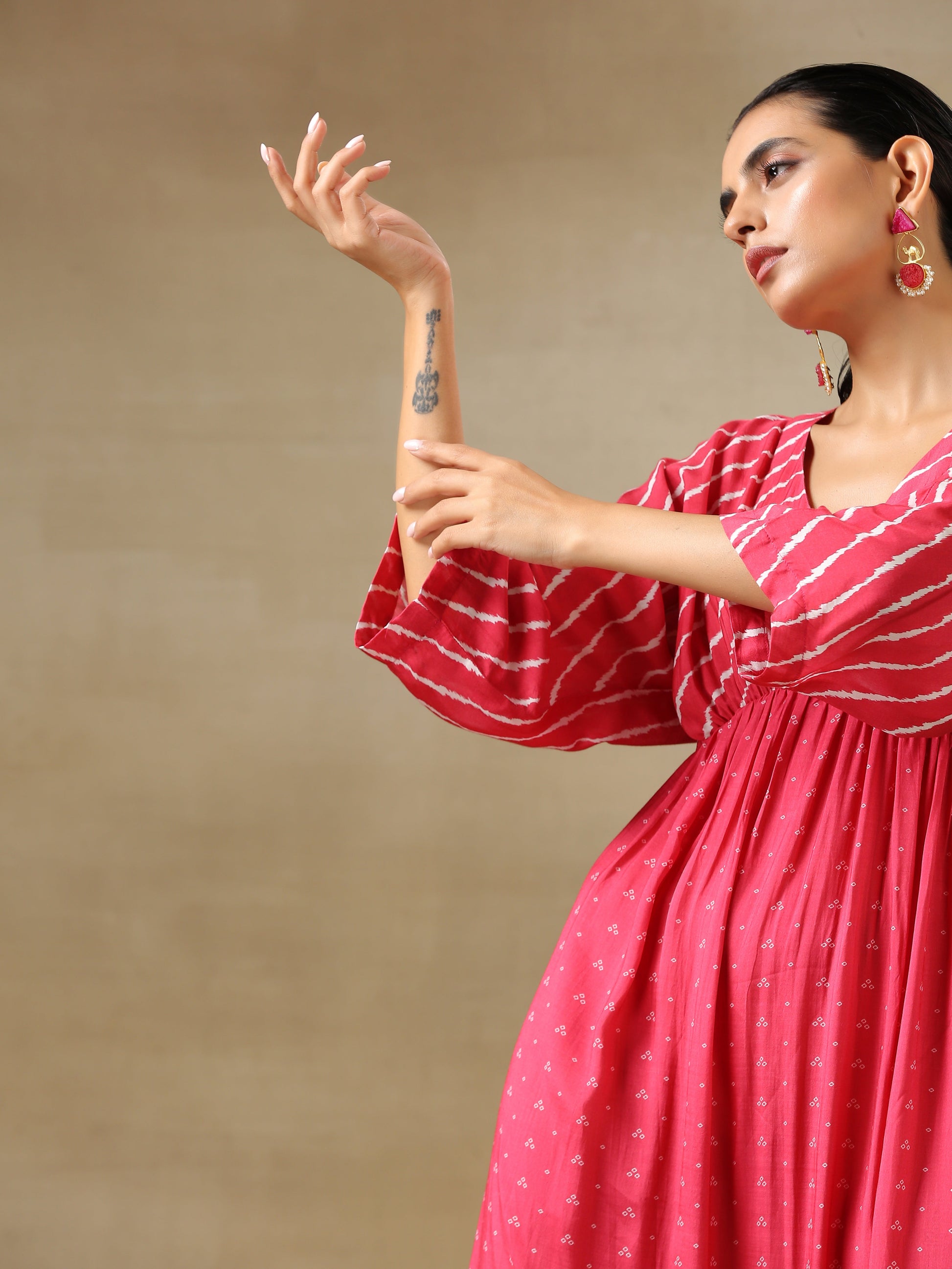 trueBrowns Pink Bandhani Printed Silk Drop Shoulder Dress 