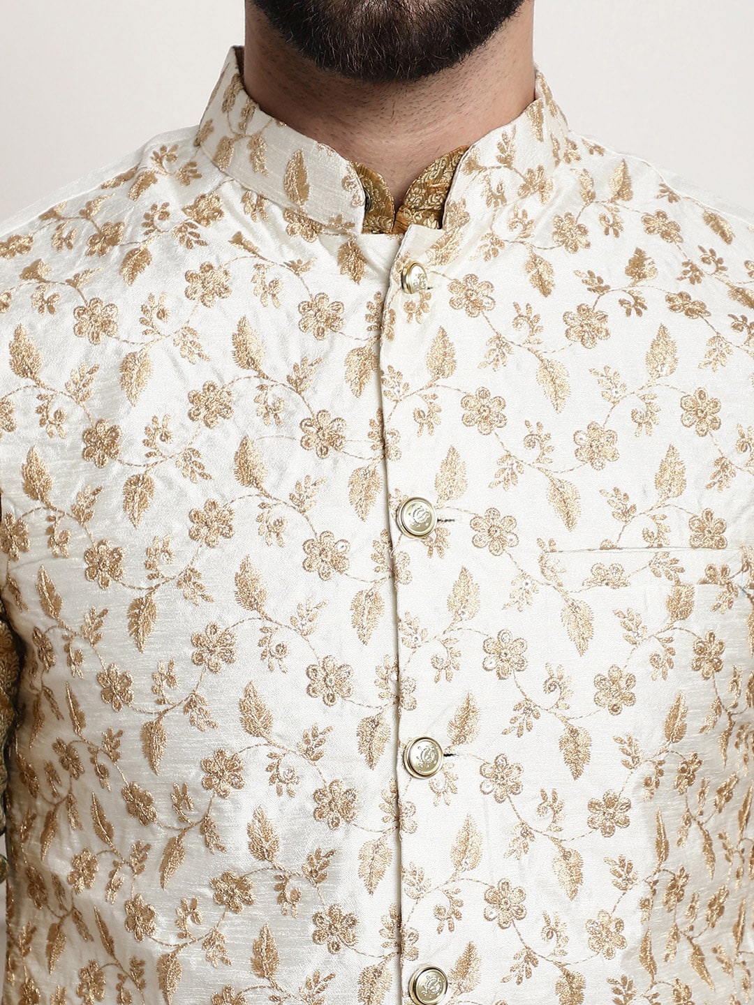 Sojanya Woven Design Mandarin Collar Kurta with Churidar & Nehru Jacket 