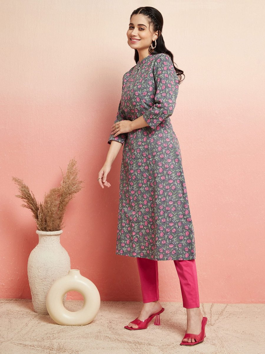 Aks Floral Printed Mandarin Collar Cotton Anarkali Kurta