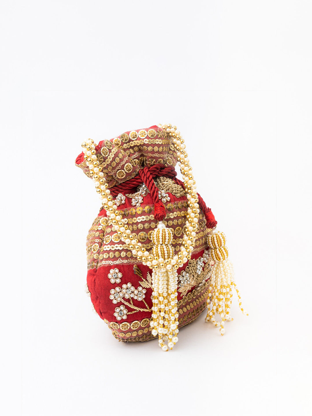 NR By Nidhi Rathi Maroon & Gold-Toned Persia Embroidered Potli Clutch - Grab2buy