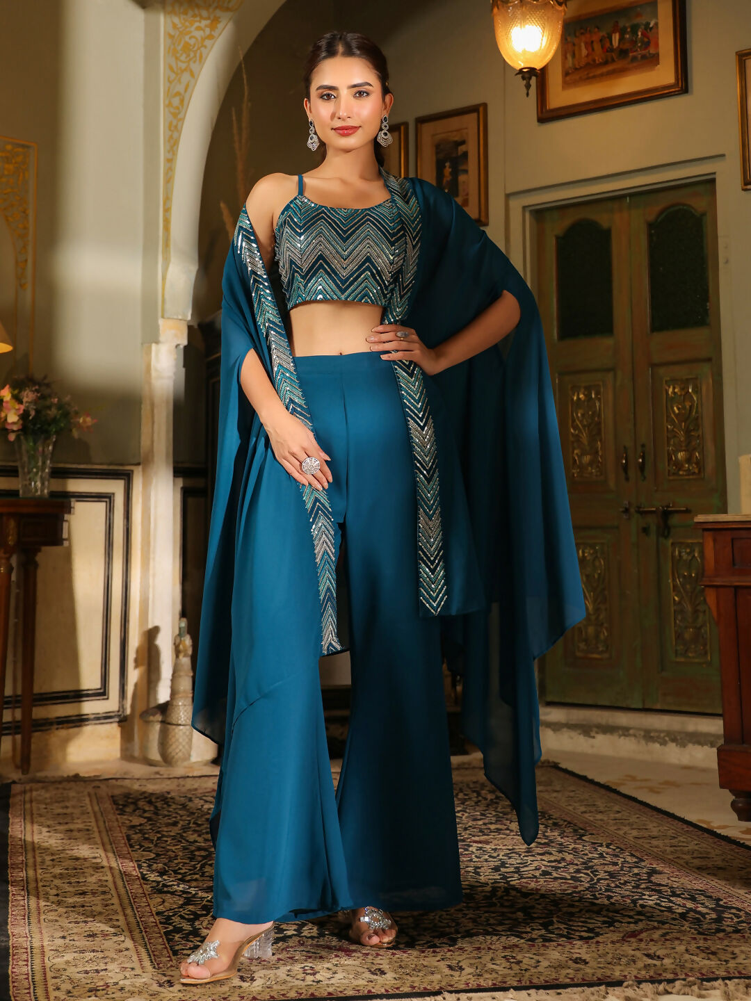 Janasya Teal Blue Georgette Embroidered Top Bottom Cape 